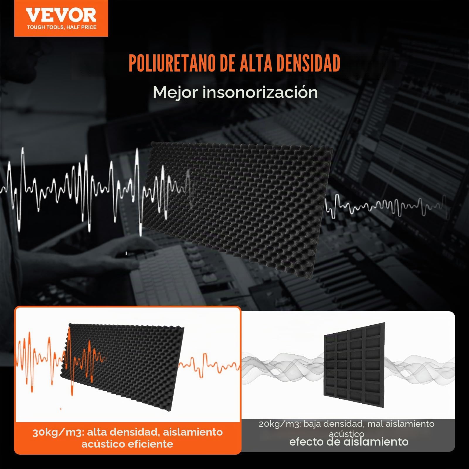 VEVOR Paneles de Espuma Acústica 1200 x 600 x 50 mm, Paneles de Pared Insonorizados con Diseño de Huevo, Paneles Absorbentes de Sonido para Paredes y Techos de Estudio, 4 uds