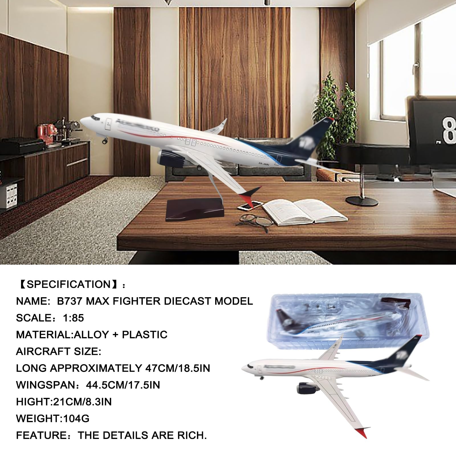 Modello aereo B737 max in scala 1:85 con ruote controllo vocale Espositore Aereo collezione ad alto realismo for casa, decorazione dell'ufficio, regalo perfetto for gli appassionati