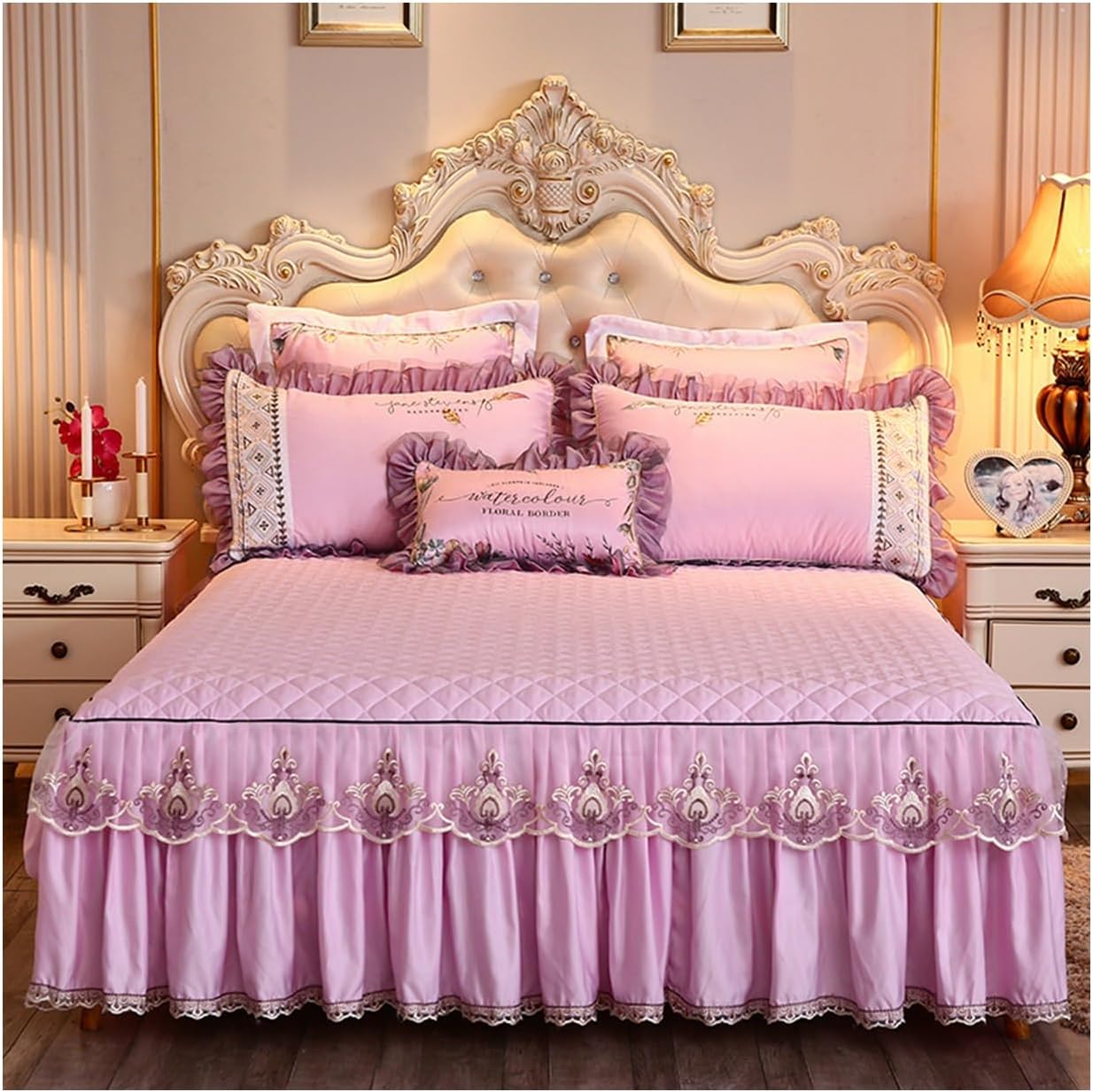 Luxury Velvet Bed Skirts Full /King/Queen 3 Piece Quilted Mattress Protective Cover with 2 Pillow, Thick Cover Bed Skirt with Bedskirt, 18 Inches Deep Ruffle Drop Fitted Sheet Bedspread ( Color : #17