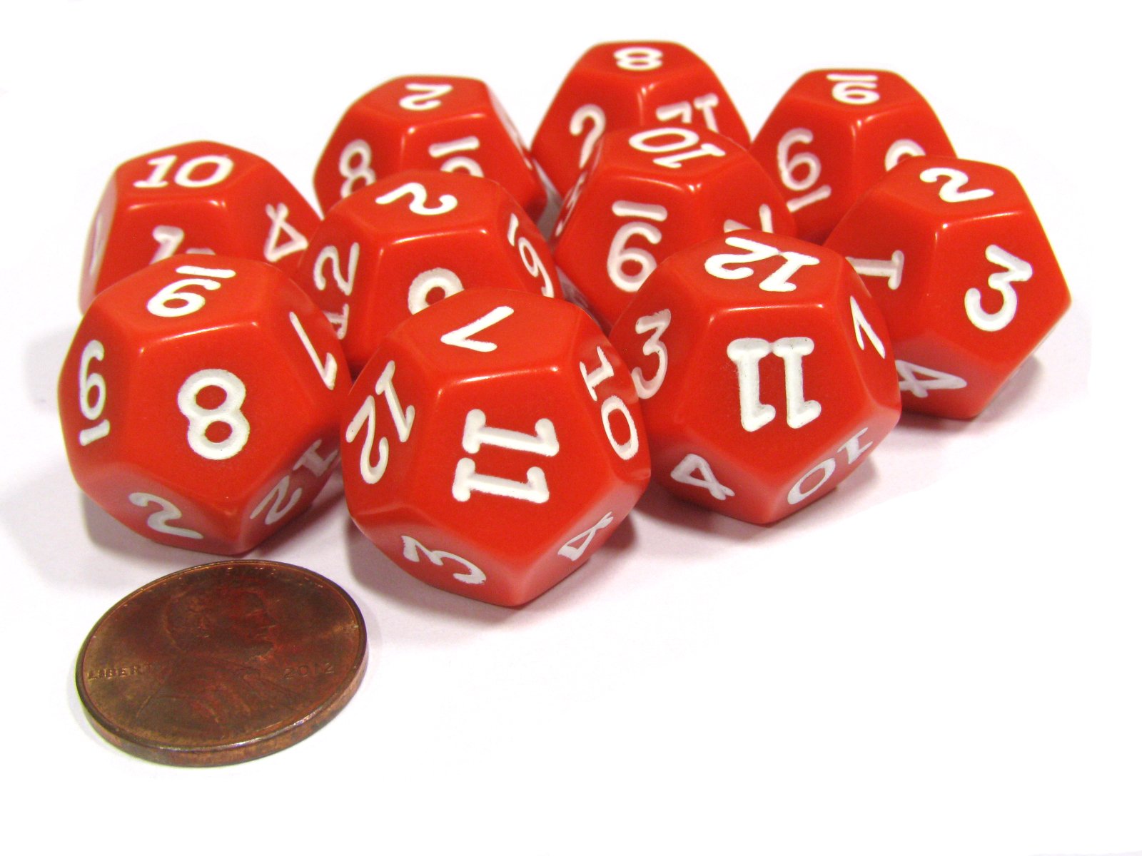 Set of 10 D12 12-Sided 18mm Opaque RPG Dice - Red with White Numbers by Koplow Games