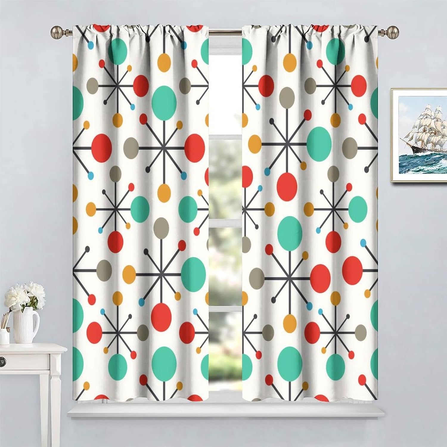 Mid Century Curtains, Modern Atomic Abstract Geometric Pattern Window Treatments for Bedroom Living Room,1950s 1960s Vintage Blackout Drapes 2 Panel Sets,63x72 Inch