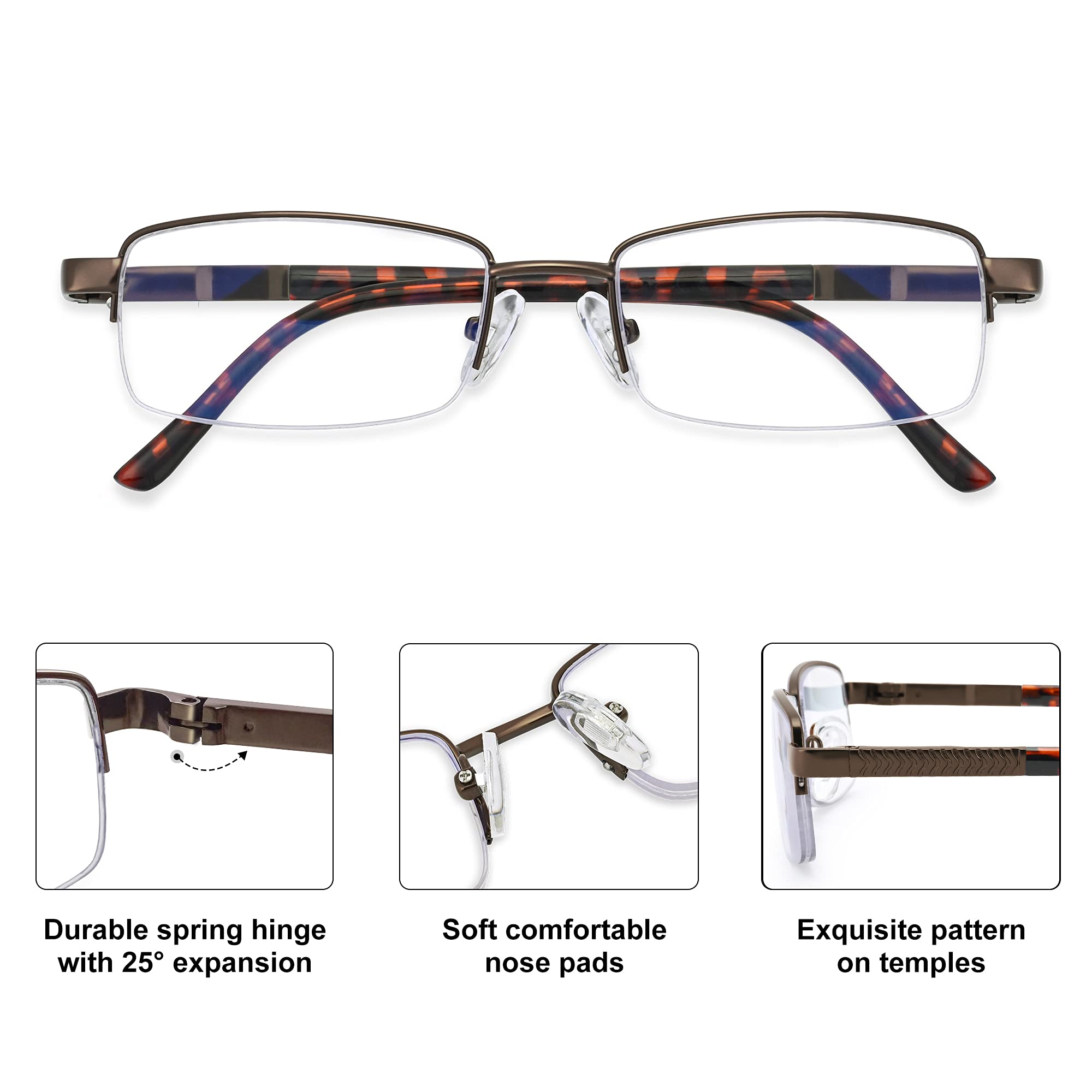 Madison Avenue 3 Pack Metal Half Frame Blue Light Blocking Reading Glasses for Men Spring Hinge +1.0