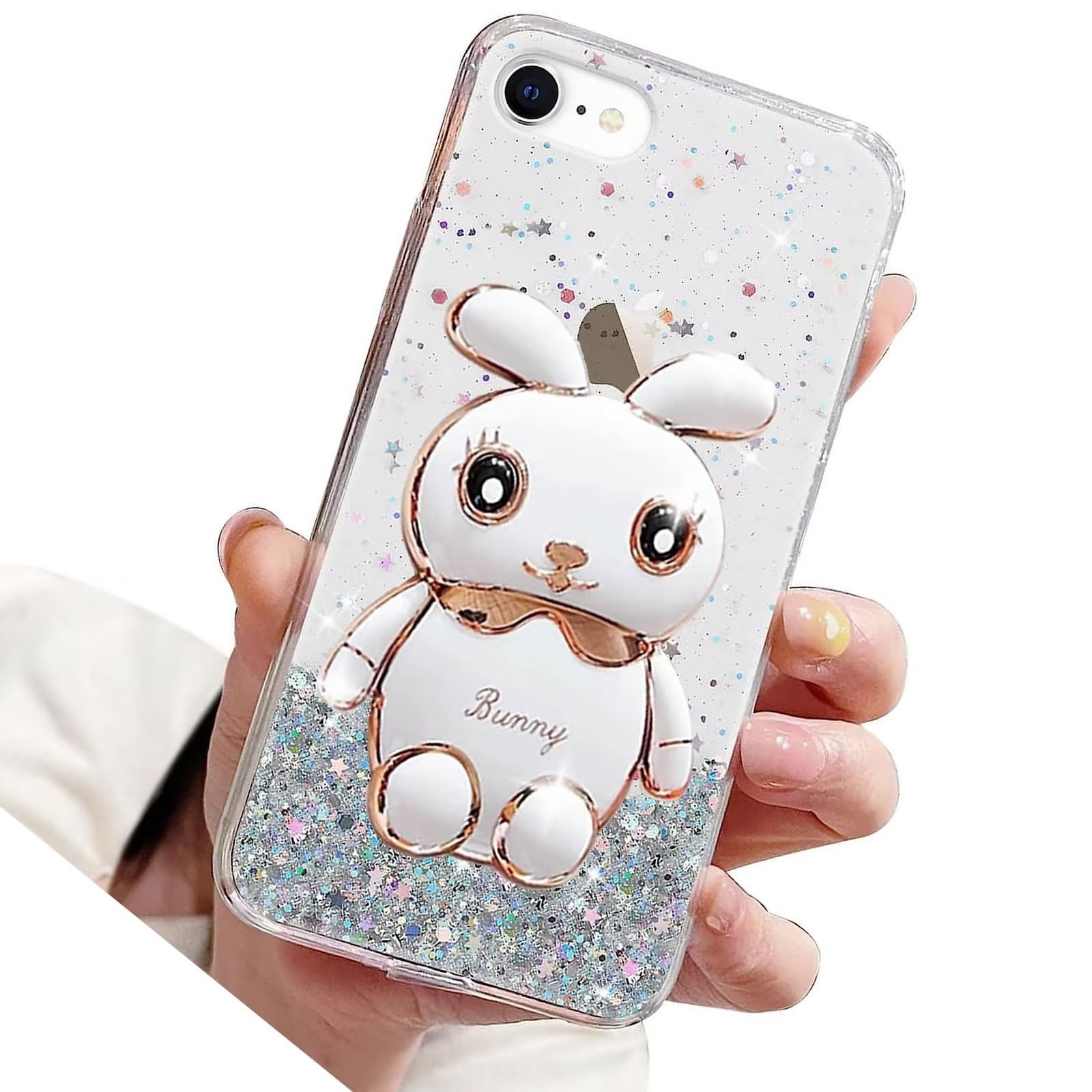 Rnrieyta Miagon Rabbit Glitter Stand Case for iPhone 6S Plus/6 Plus,Bling Transparent Soft TPU Protective Slim Shockproof Cover with Cute Bunny Holder Kickstand,Transparent