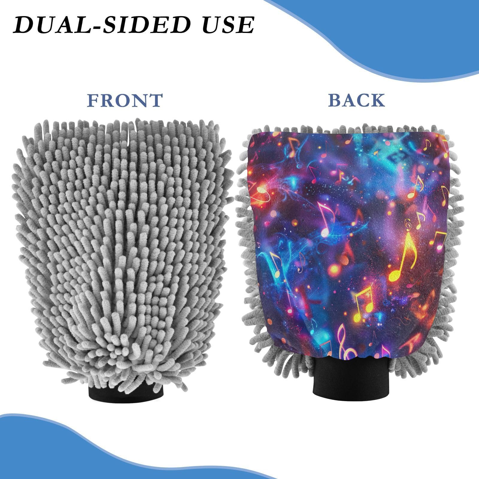 Kigai Colorful Music Notes Car Wash Mitt Microfiber, 2Pcs Scratch Free Lint-Free, Premium Chenille Microfiber Mitt Car Wash Brush-L