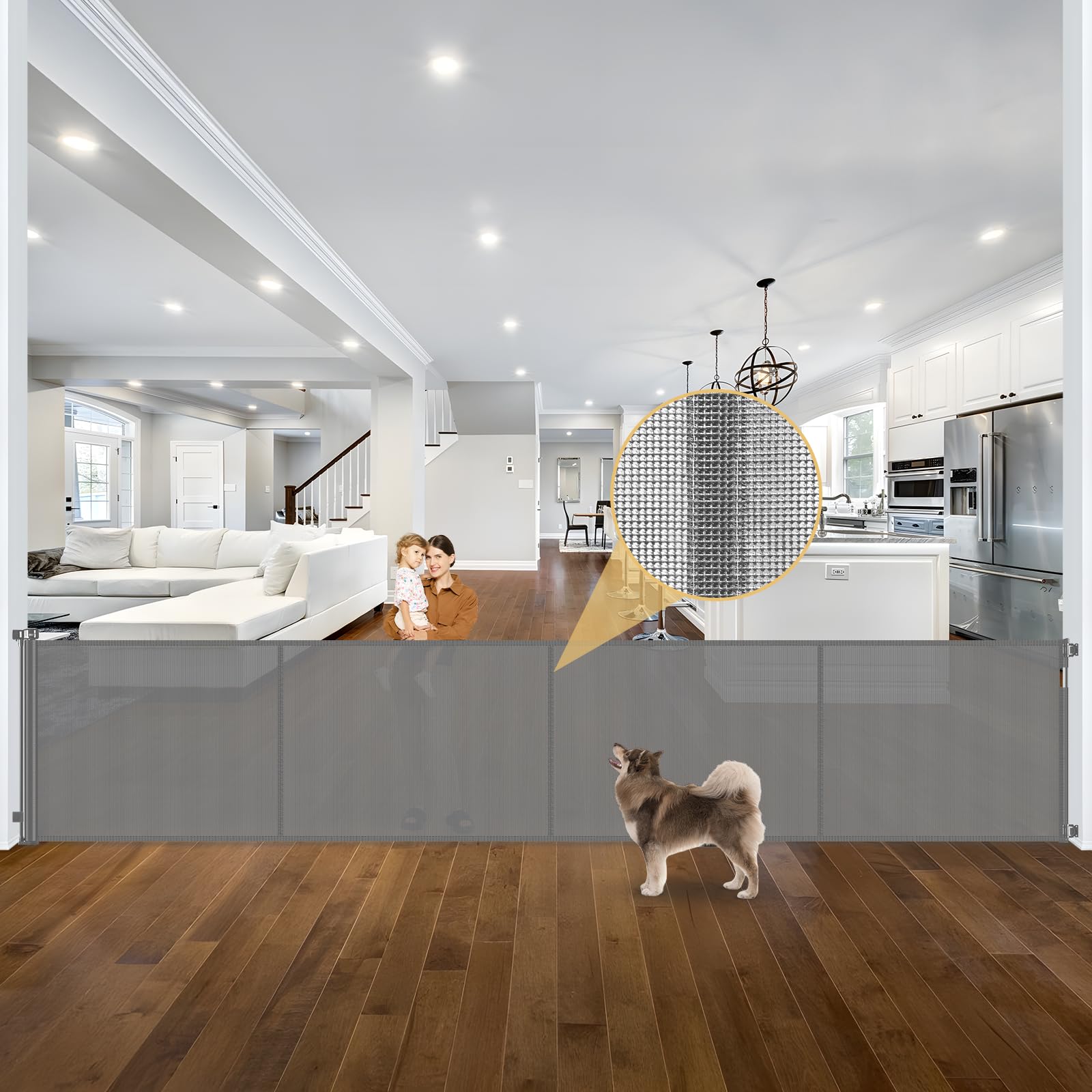 Reinforced 42" Tall Retractable Dog Gate Mesh Baby Fence Gate, 16 Ft Long Baby Gates Indoor Extra Long Gates for Kids or Pets, Outdoor Retractable