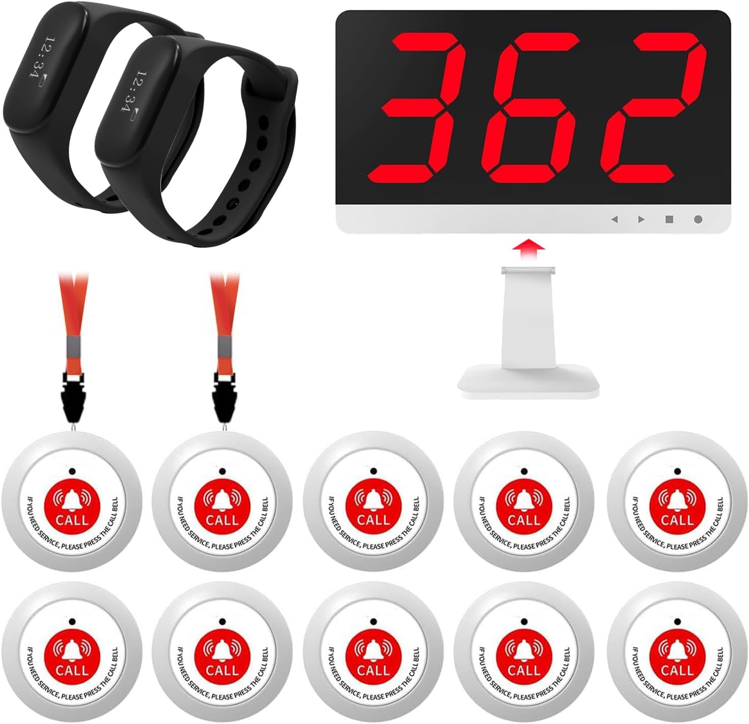 Nurse Call System with 10 Alert Emergency Call Buttons,2 Wrist Watch Receivers and 1 Display Receiver Wireless Caregiver Pager Calling System,1000ft, for Medical Clinic Nurses Station