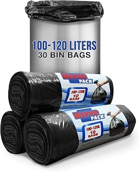 3 Rolls Black Bin Bags Biodegradable Plastic Counts 30 Bags 70x110 cm 100 to 120L Litre 100% Recycled Trash Bags Bin Liners for Kitchen, Office, Garden, General Waste or Recycling Rubbish Strong Bags
