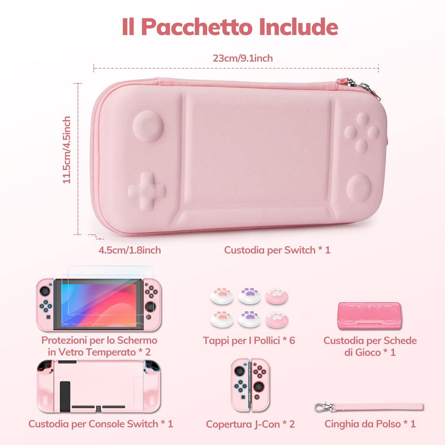 Younik Switch Custodia Per Switch 2017, Pacchetto di Accessori per Switch 14 in 1 con Custodia per il Trasporto, Accessori Protettivi per Console Switch e J-Con (Rosa, Motivo a Bottoni)