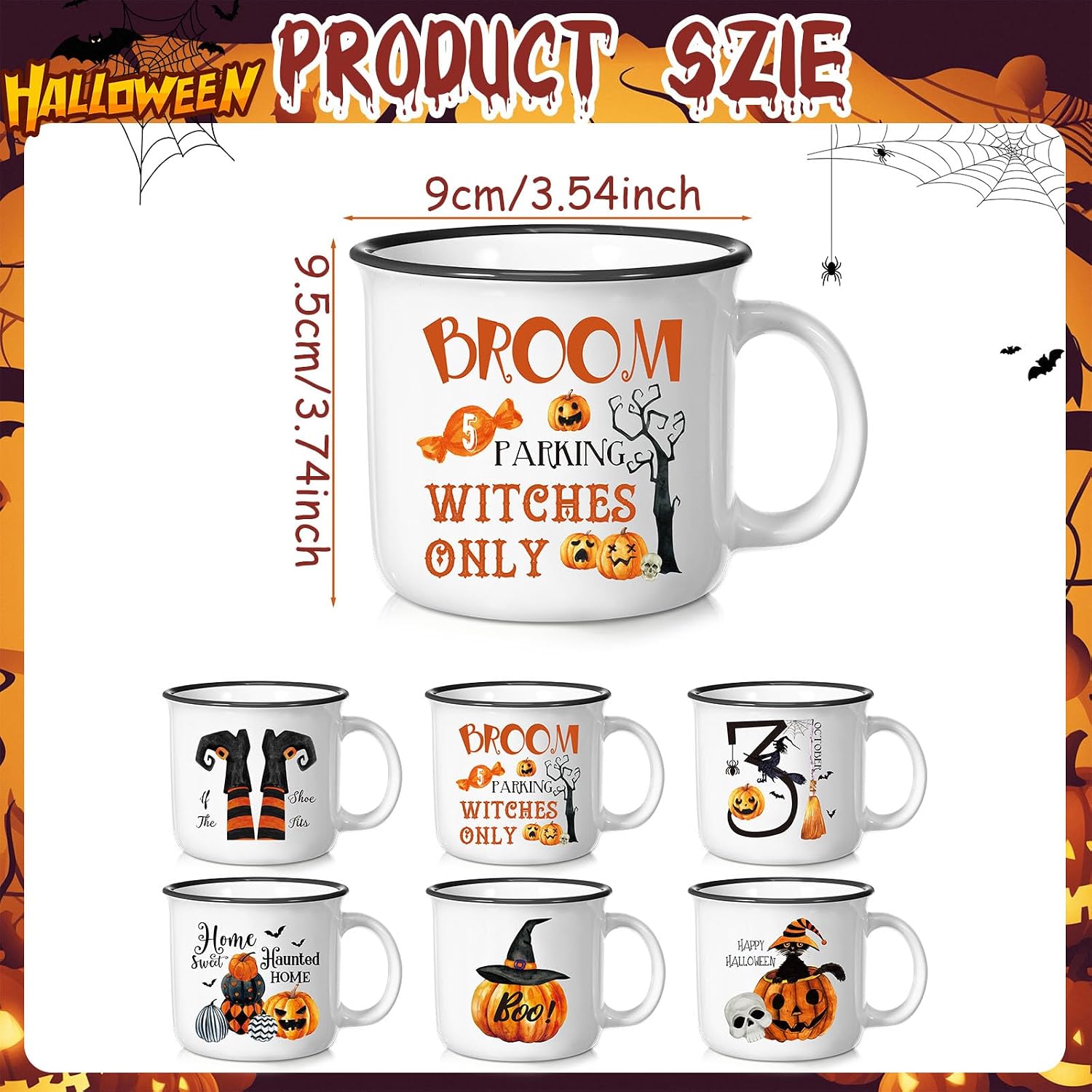 Pickmesh Halloween Coffee Mug Set of 6, 14oz Witch Ceramic Mugs with Handle Witch Pumpkin Black Cat Cups Enamel Mugs for Halloween Trick or Treat Party Supplies