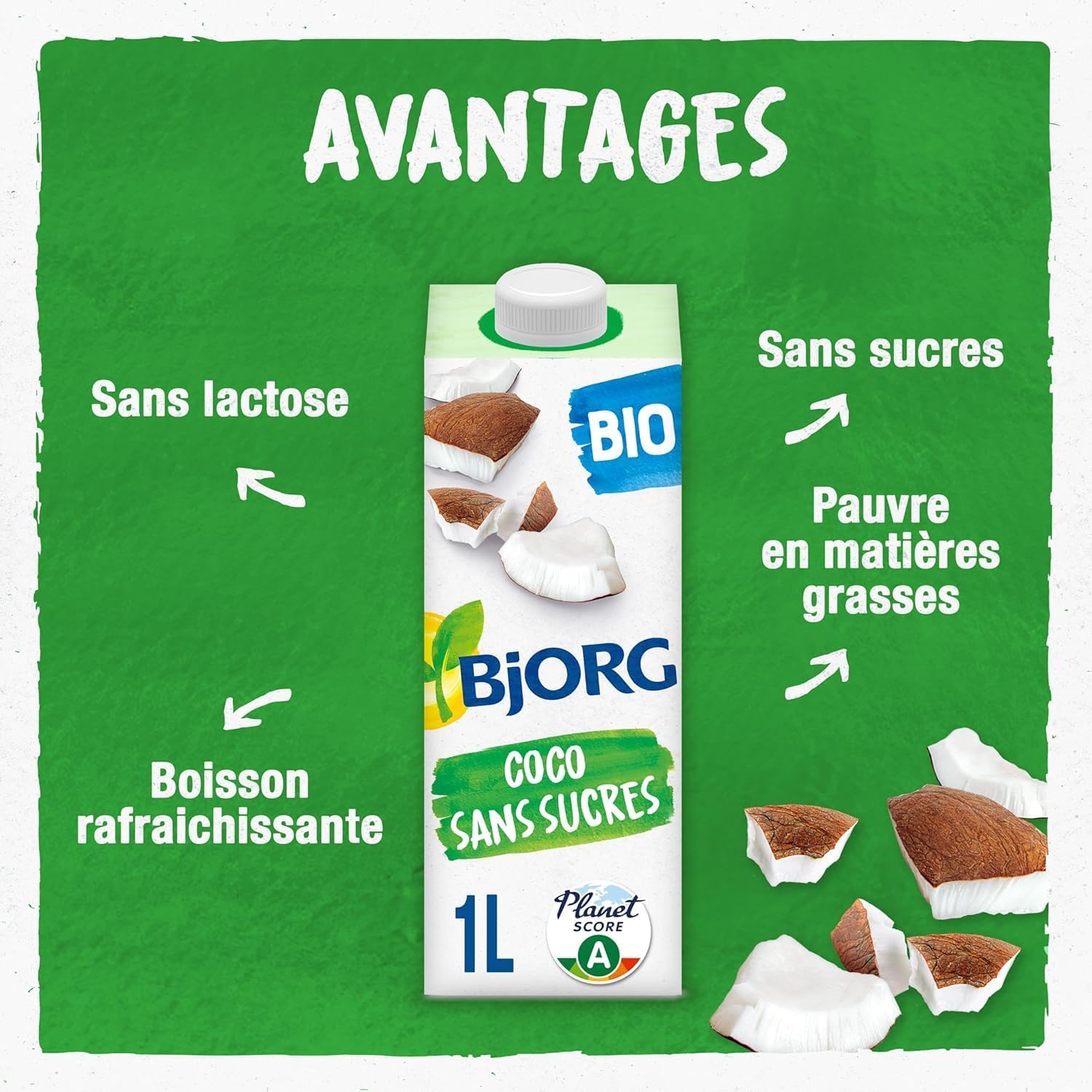 BJORG - Boisson Coco Sans Sucres - Boisson Végétale Bio - Pauvre En matières grasses - 1 L x 6