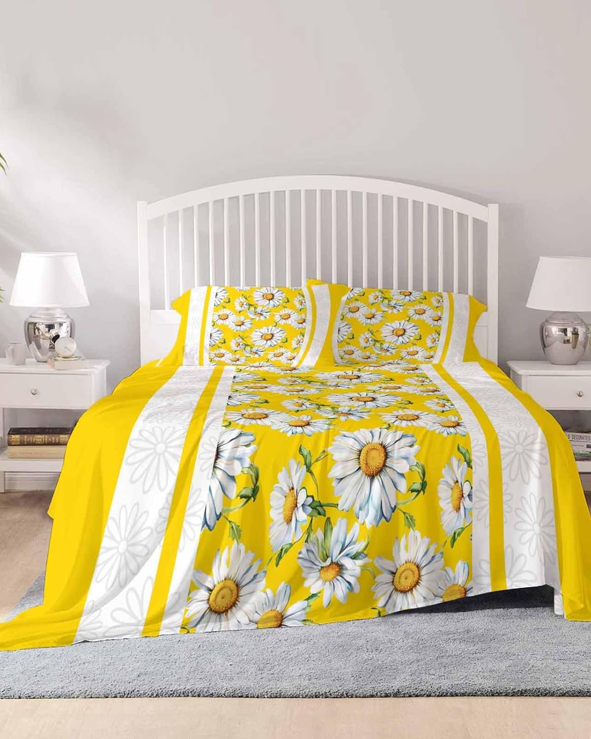 4 Piece Cal. King Sheet Set Yellow Daisy Sheets Set for Cal. King Size Bed, Breathable Soft Microfiber Bed Sheets Farmhouse Floral Yellow Striped Fitted Sheet Deep Pocket, Pillowcases