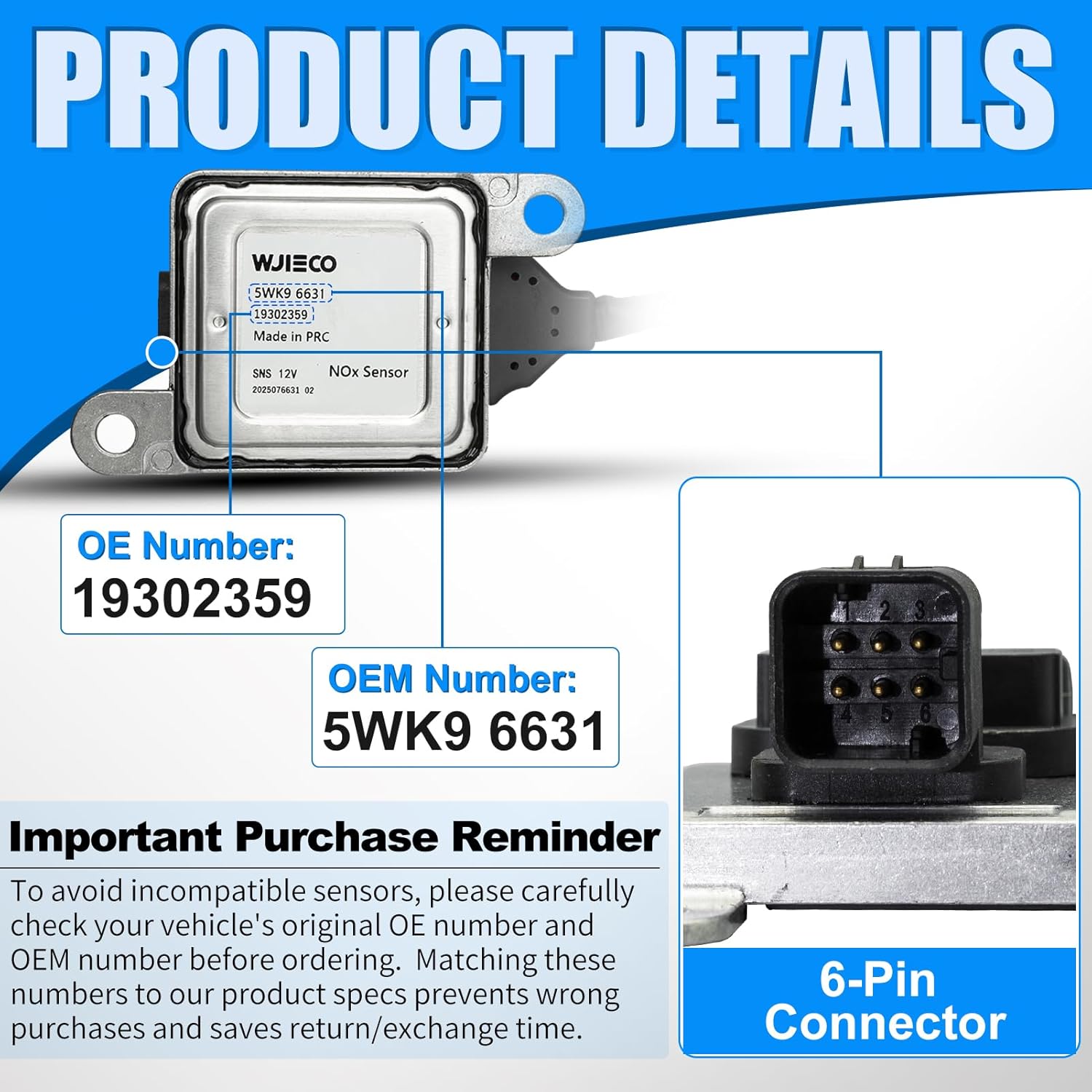 19302359 5WK96631 Nox Sensor Nitrogen Oxide Sensor for 2015 GMC Savana 2500 3500 4500/2015 Sierra 2500HD 3500HD/2015 Chevrolet Express 2500 3500 4500 V8 6.6L OEM# 12669594 12648630 5WK96631H