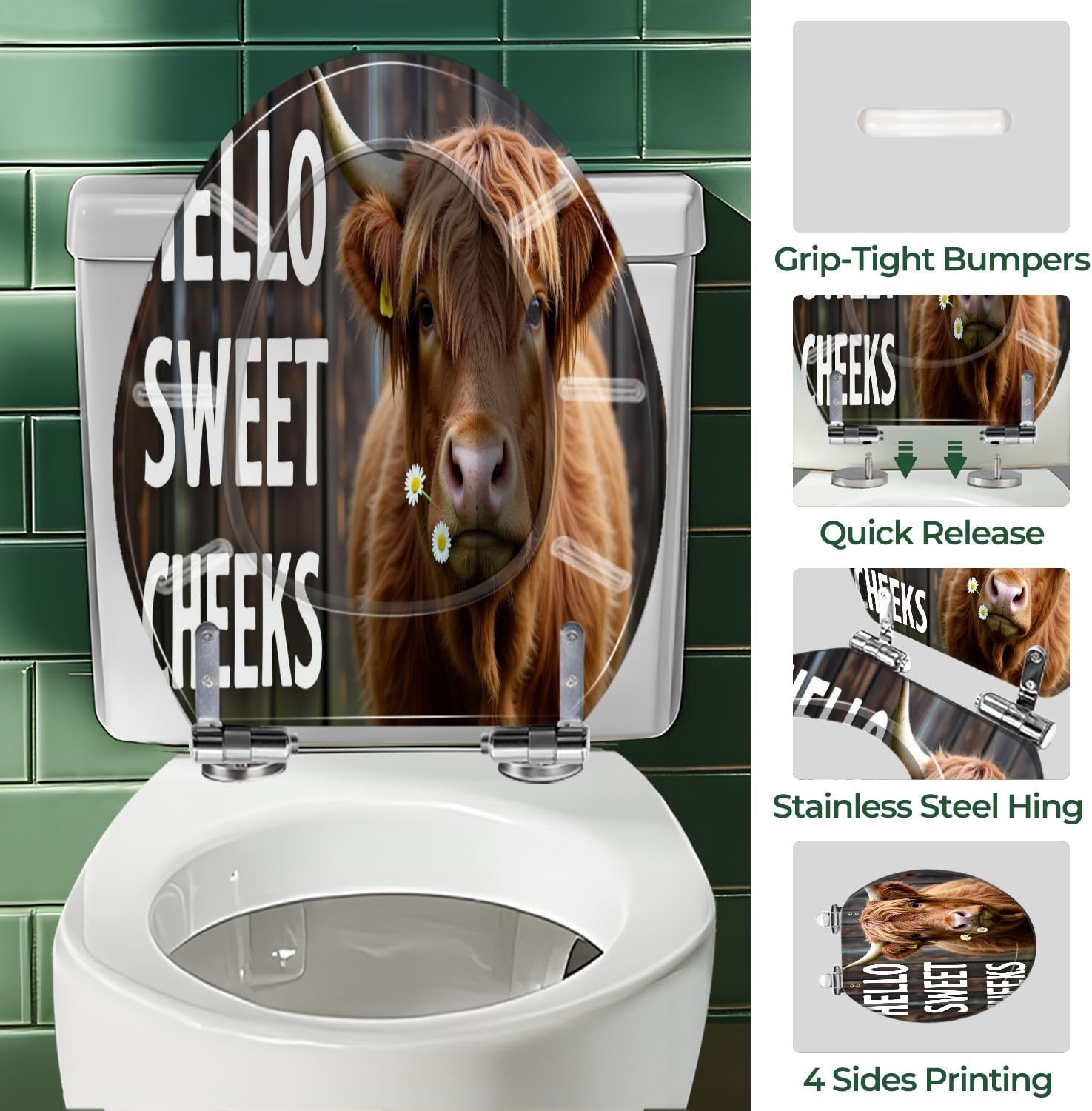 Elongated Toilet Seat Highland Cattle Cow Bull Farmhouse Animal Rustic Country Western West Art Resin Toilet Seat with Cover Easy to Install Quietly Close Quick Release Hinges Decorative