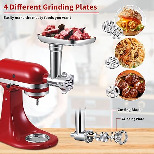 Miniatura 3 de Picadora de carne y rebanadora de accesorios para batidora de pie KitchenAid, molinillo de alimentos de metal con tubos de relleno de salchichas,