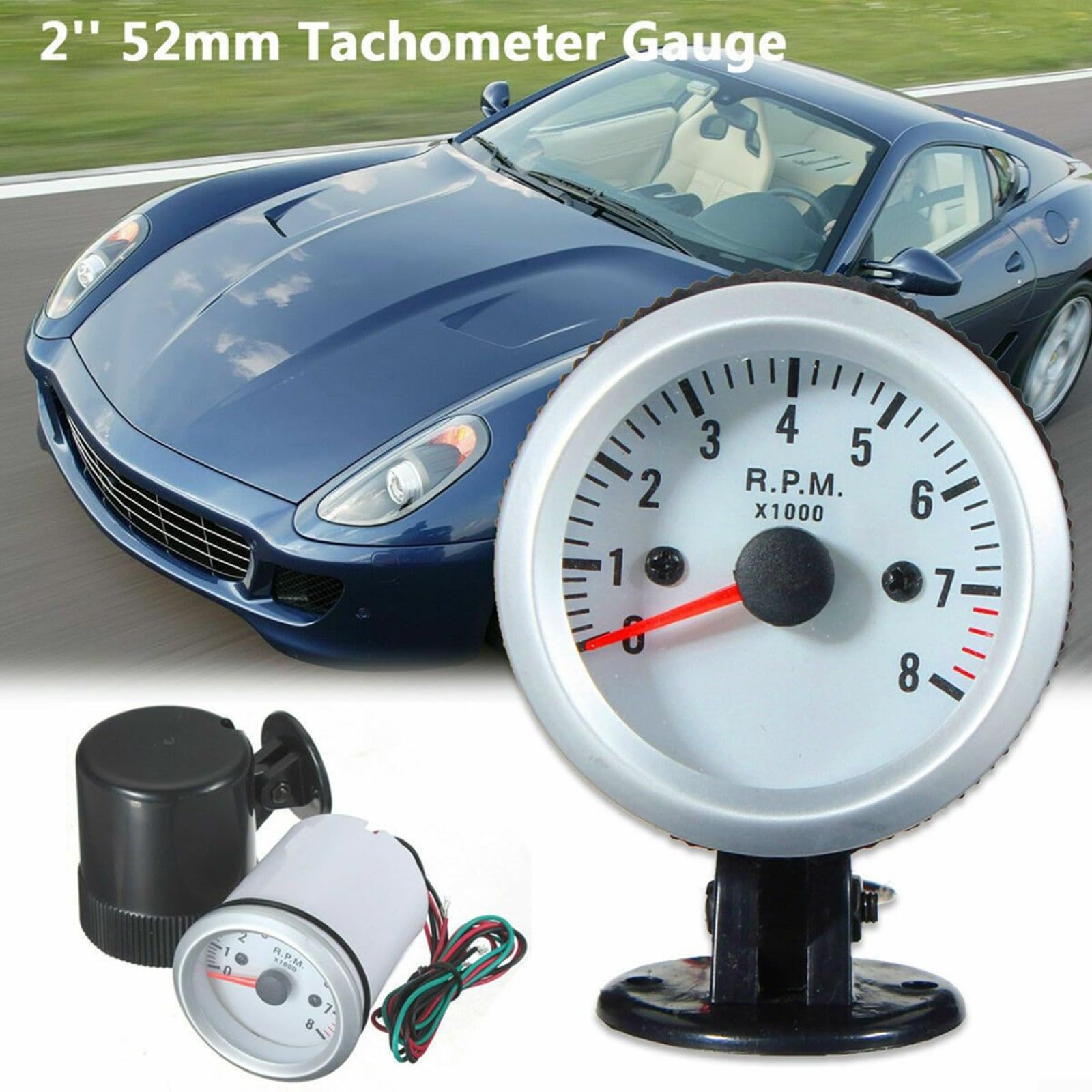 Compte-tours de 5,1 cm 52 mm avec face blanche et LED bleue 0-8000 tr/min pour moteur à essence 4 6 8 cylindres 12 V Compteur de tours performance automobile Installation facile Compteur