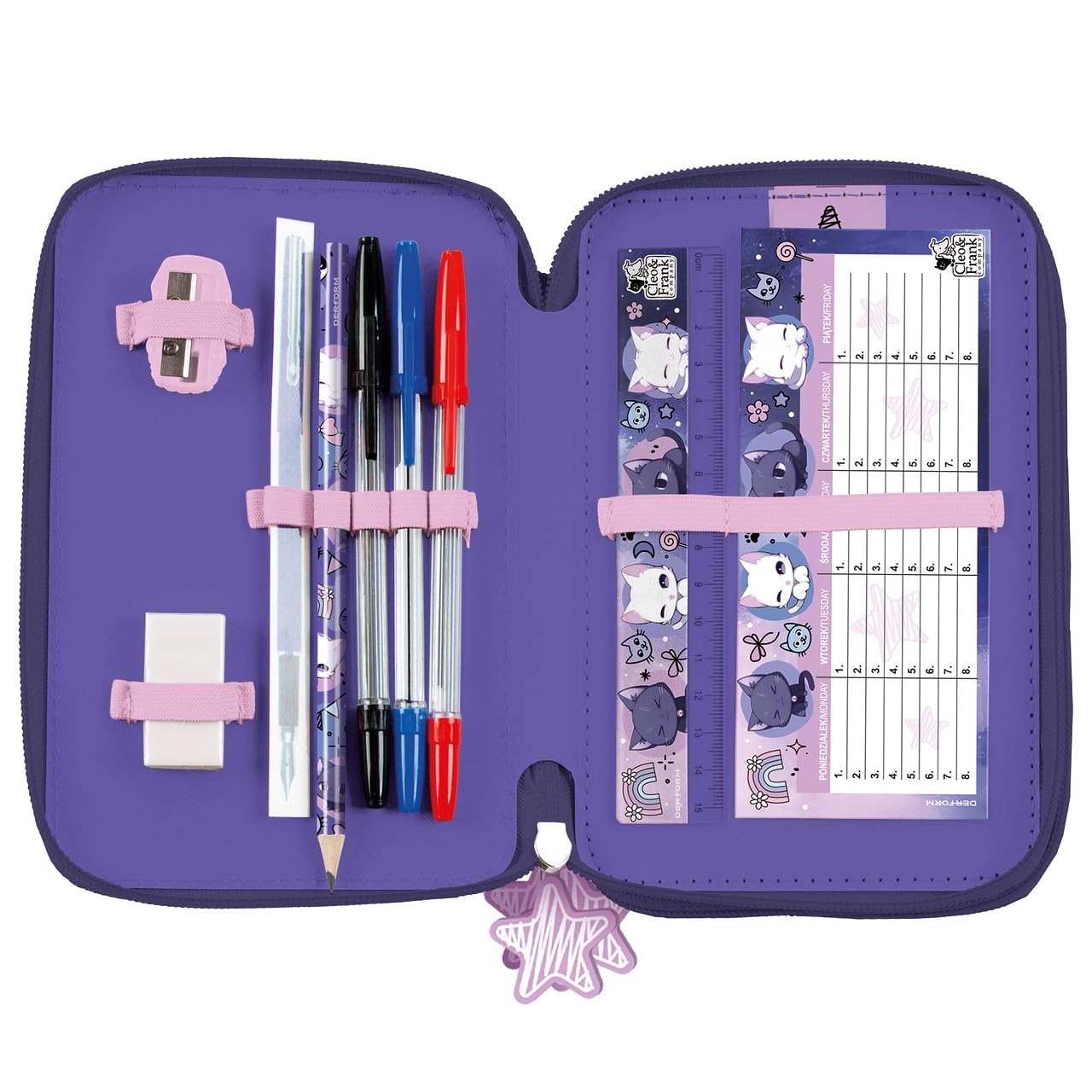 PASO Astuccio con 3 scomparti, astuccio per ragazze, astuccio a 3 scomparti, astuccio per la scuola, motivo: gatto