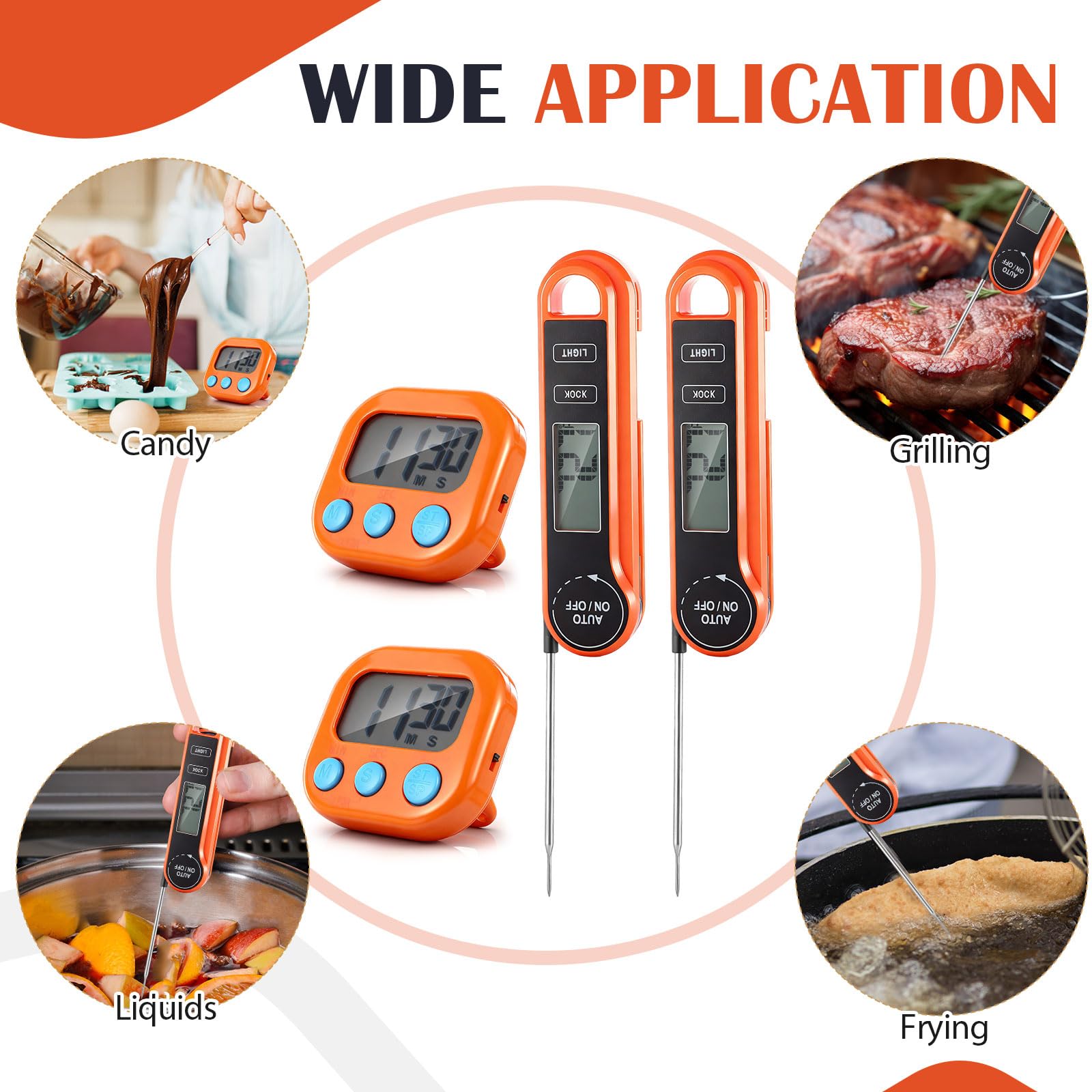 Kingdder Lot de 6/12 thermomètres à viande numériques avec alarme minuterie, thermomètre à lecture instantanée rapide pour la cuisine, la dinde, les grillades, la fabrication de bonbons, Thanksgiving