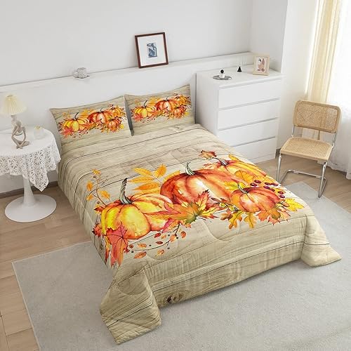 Miniatura 3 de Juego de edredón de cosecha de otoño con diseño de hojas de granja y calabaza, juego de ropa de cama rústica con puerta de granero, diseño de arce