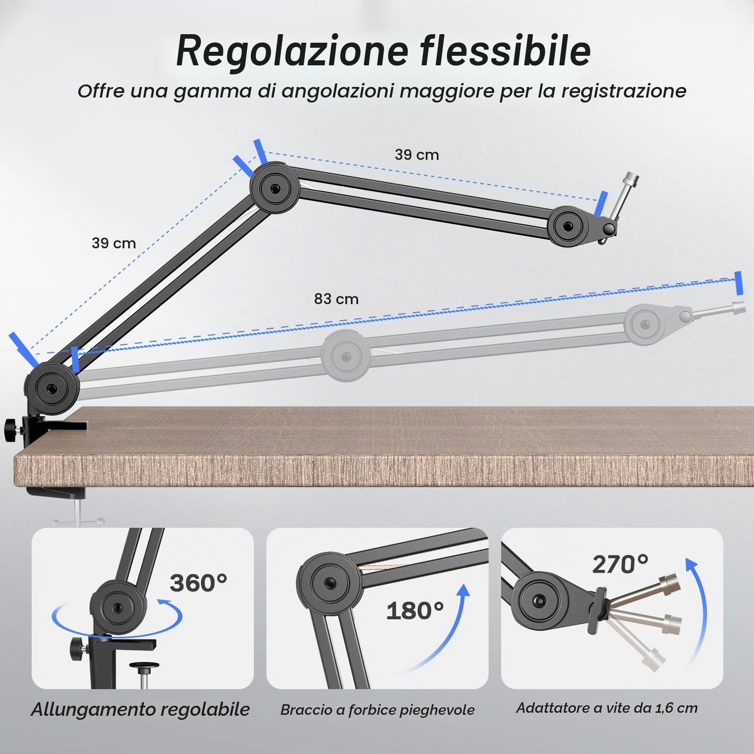 FIFINE Supporto per Microfono, Braccio Microfono con Microphone Clip e adattatore, Supporto Microfono Regolabile Professionale Braccio per Microfono, Compatibile con microfono K658 K688 AM8 A8