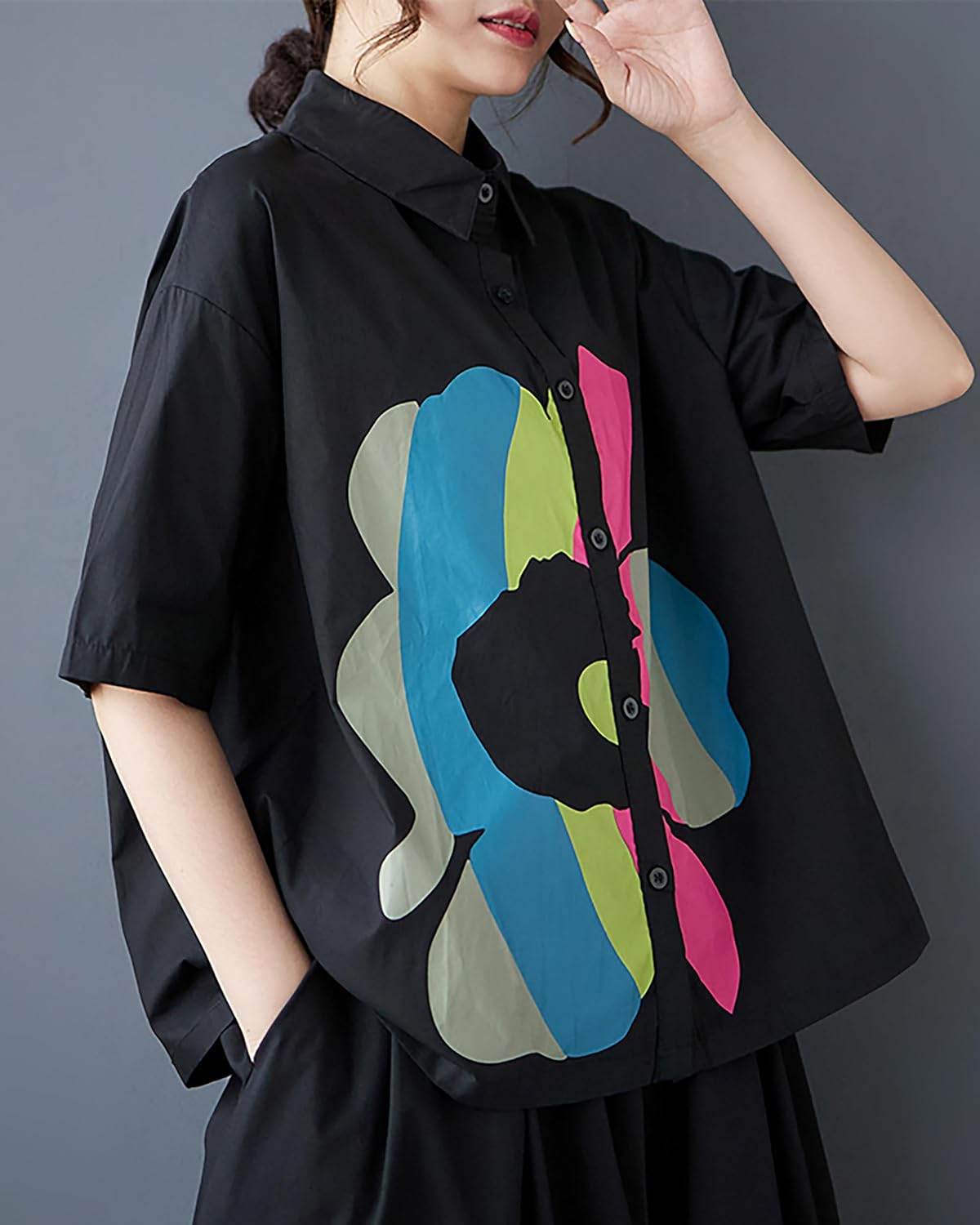 ellazhu Women's Shirt Button Down Floral Casual Loose Short Sleeve Lapel Straight Hem GZ364 Black - Image 3