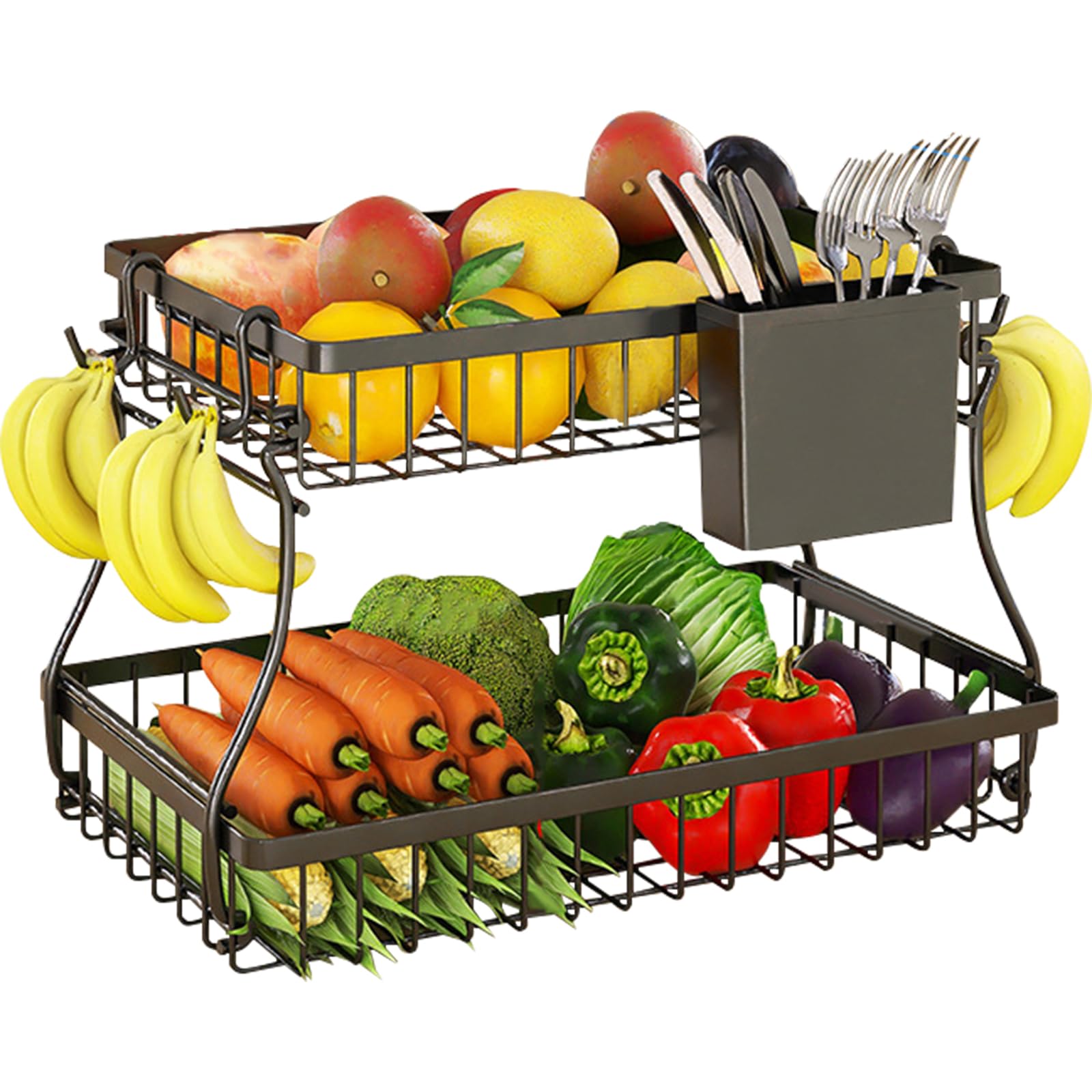 ProChosen Fruit Basket,2-Tier Fruit Bowl with Banana Hanger,Kitchen Storage Countertop Rack,Fruit Metal Bowls Perfect for Holding Fruit,Vegetables,Snacks(Black)