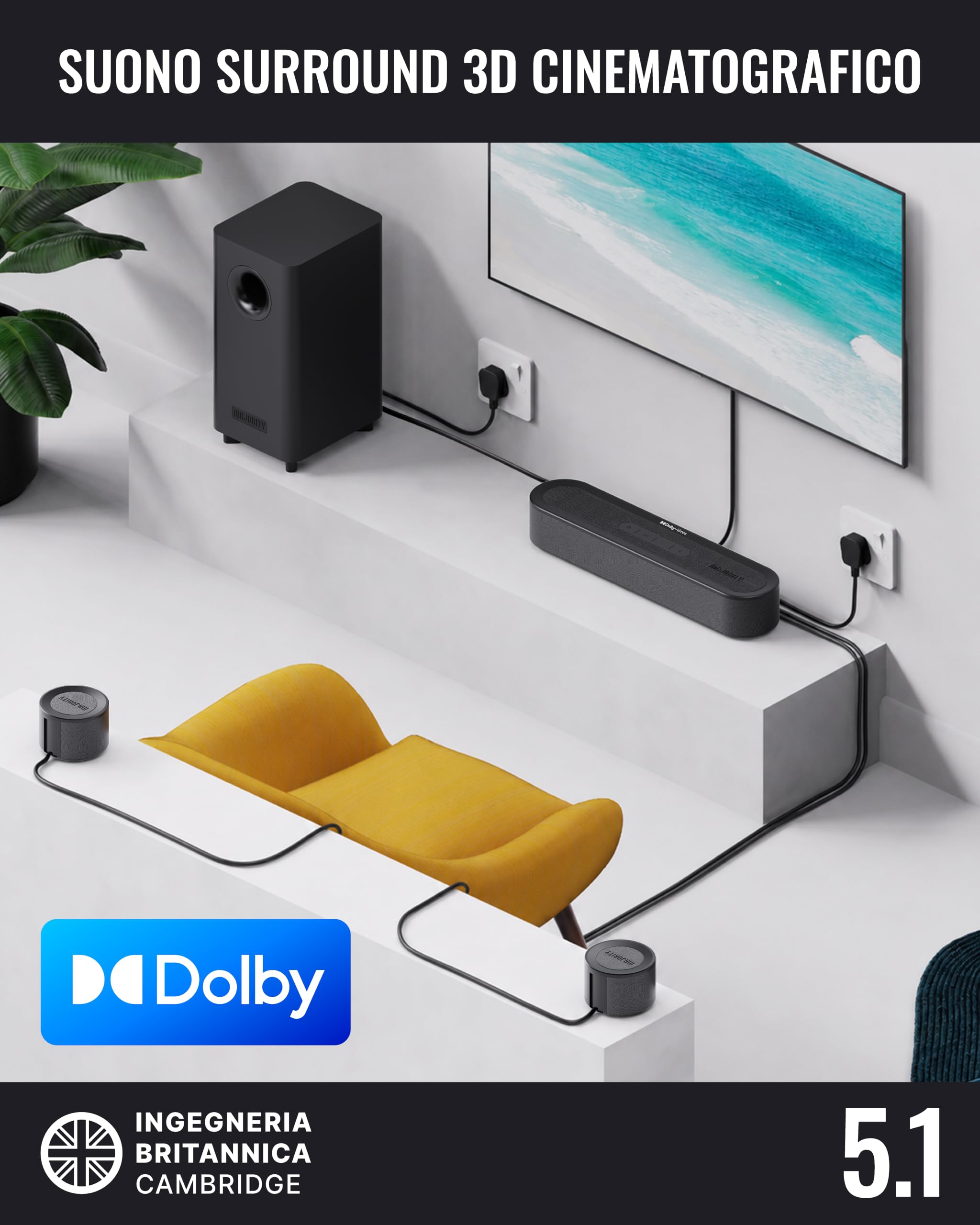 Majority Bowfell Halo Soundbar TV | 230W Casse per TV con HDMI eARC | Dolby Surround Home Theater 5.1 Impianto Audio Cablato con subwoofer e Altoparlanti Satellitari | Soundbar PC Bluetooth 5.3