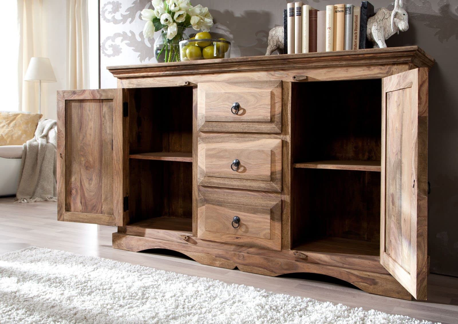 MASSIVMOEBEL24.DE Sideboard Sheesham grau geölt LEEDS #42