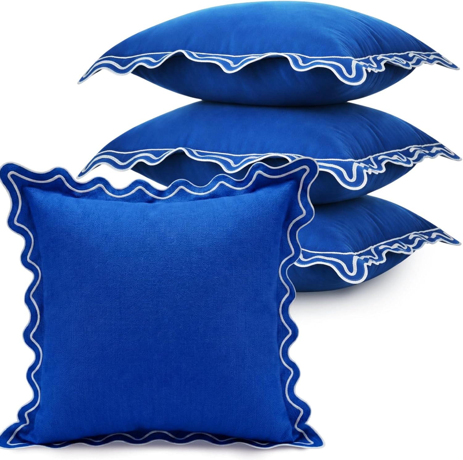 Novabright 4 Pack Outdoor Waterproof Pillow Covers 18 x 18 Inch Decorative Farmhouse Garden Pillowcase Scalloped Throw Cushion Cases for Patio Porch Tent Bed Sofa Living Room Decor (Blue)