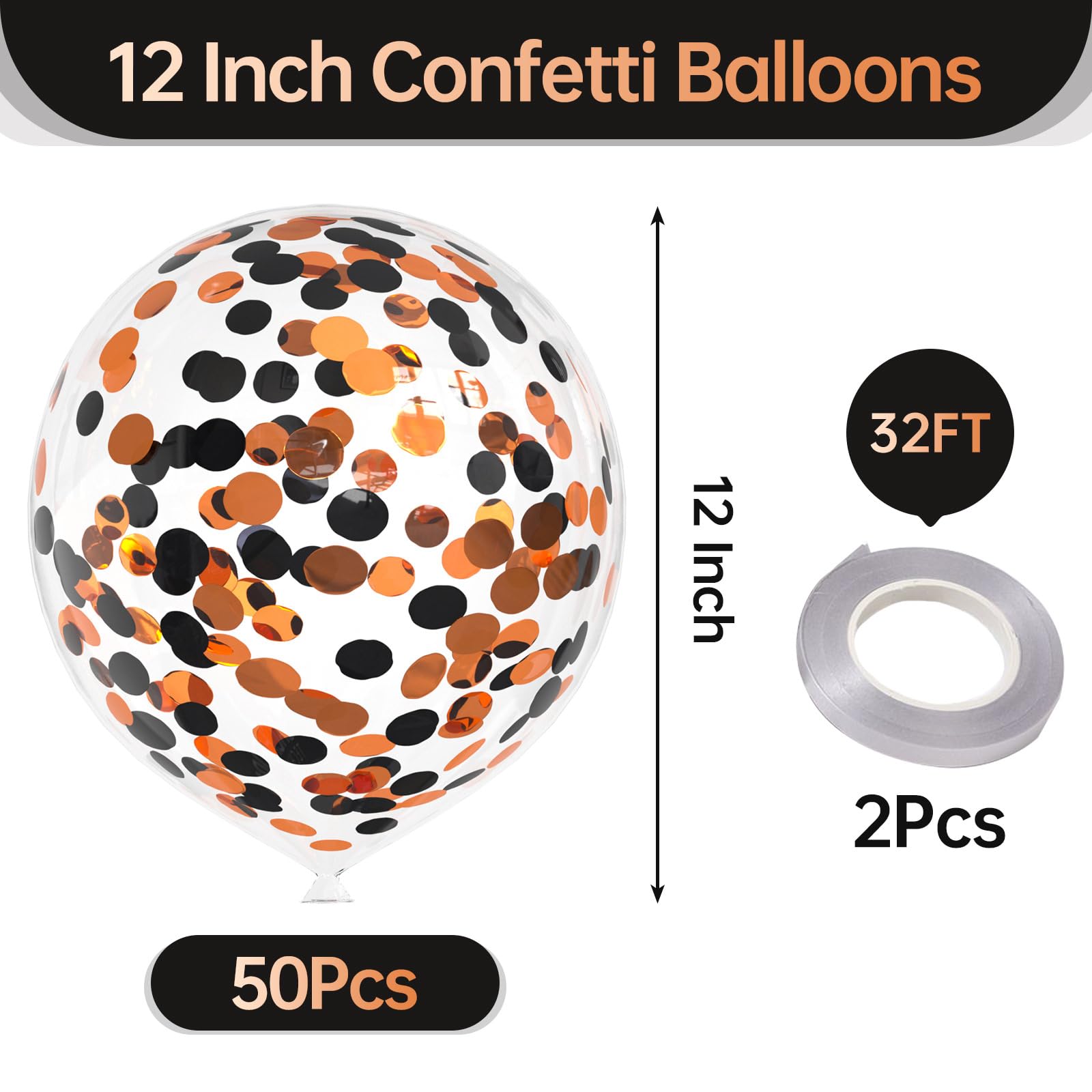 50pcs Orange and Black Foil Confetti Balloons,12 inch Latex Balloon with Orange Black Confetti Inside for Halloween Party Decorations
