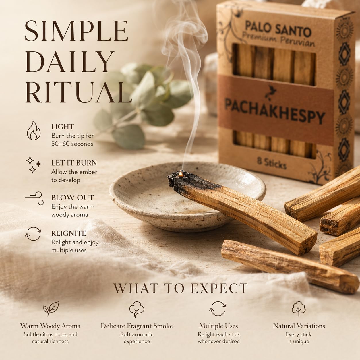 Palo Santo Sticks Authentic Smudging Peru – 8 Stück für Energieinigung, Aromatherapie, Meditation, 100 % natürlich, ethisch unbedenklich, nachhaltiges Heilholz, Premium-Qualität, Reinigung