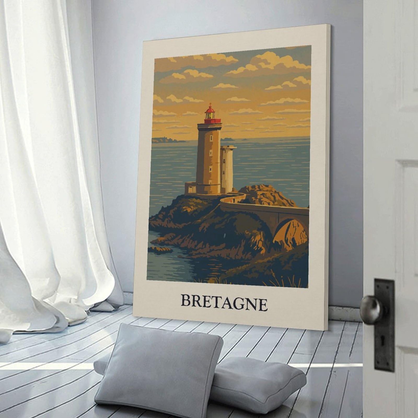 Junmoney Bretagne Lighthouse Coastal Scene Wall Decor Canvas Print, 20x30inch(50x75cm), for Bedroom, Lounge Or Dressing Area, Decorative Wall Art for Cosy Rooms