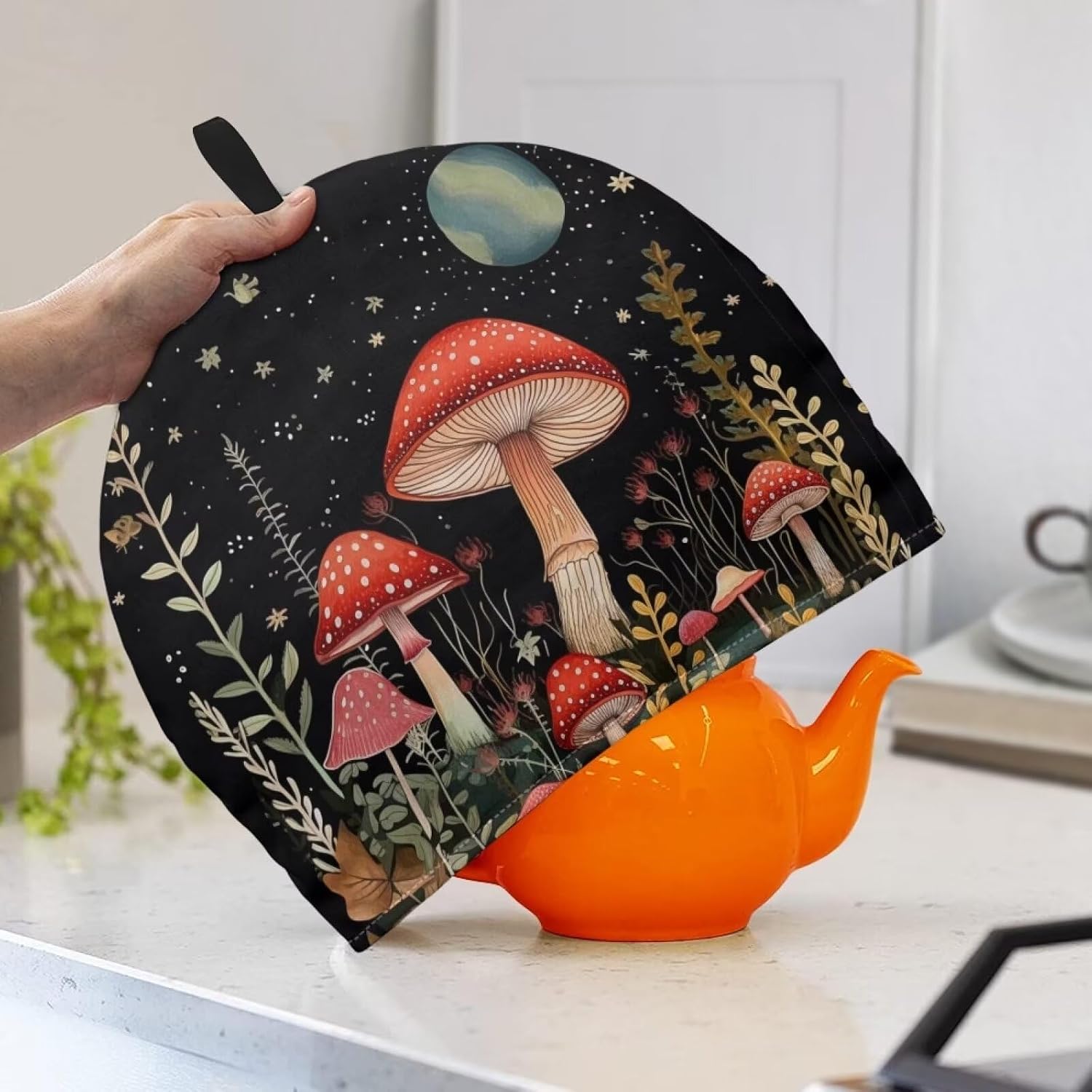 Red Mushroom Tea Cozy for Teapot Insulated Moon Tea Cozies Home Kitchen Decor Green Leaf Teapot Cozy for Party Gifts