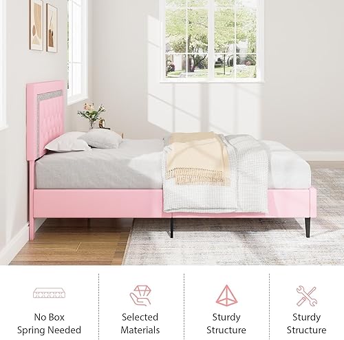 Miniatura 41 de BarnFurin Base de cama tamaño matrimonial con cabecera de botones copetudos, plataforma tapizada con diseño de diamante, soporte de listones de