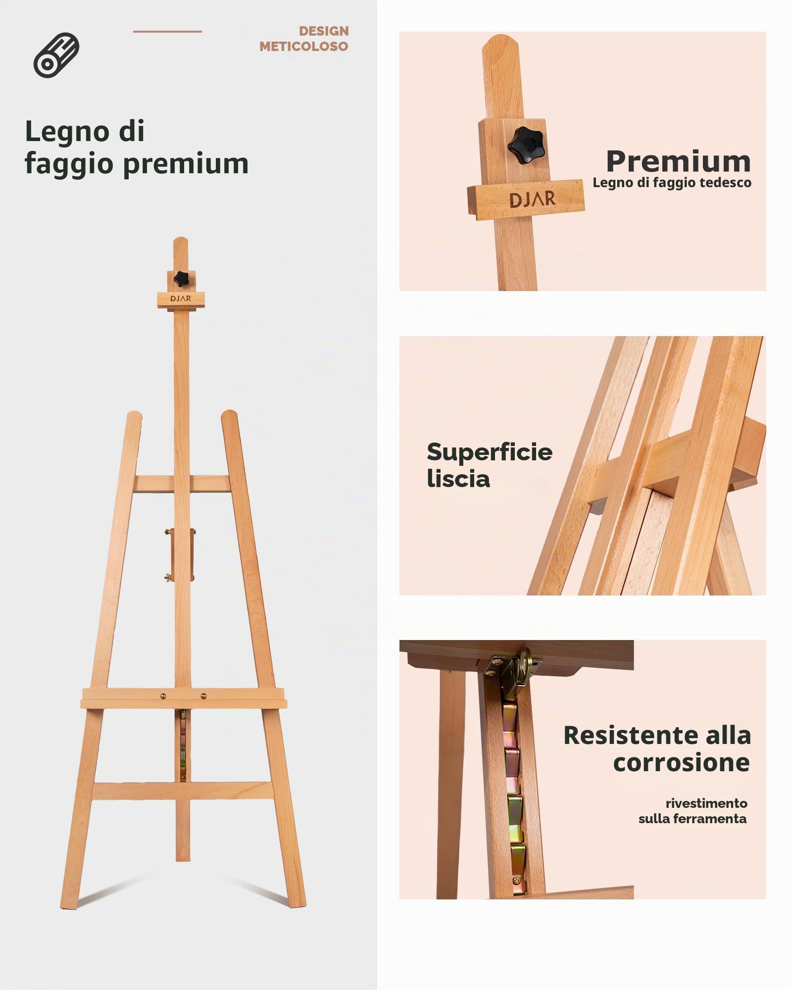DJAR Cavalletto da Pittura in Legno per Adulti, Cavalletto da Terra Regolabile e Robusto con Telaio ad A, Supporta Tele fino a 109 cm, Espositore per Artisti e Principianti