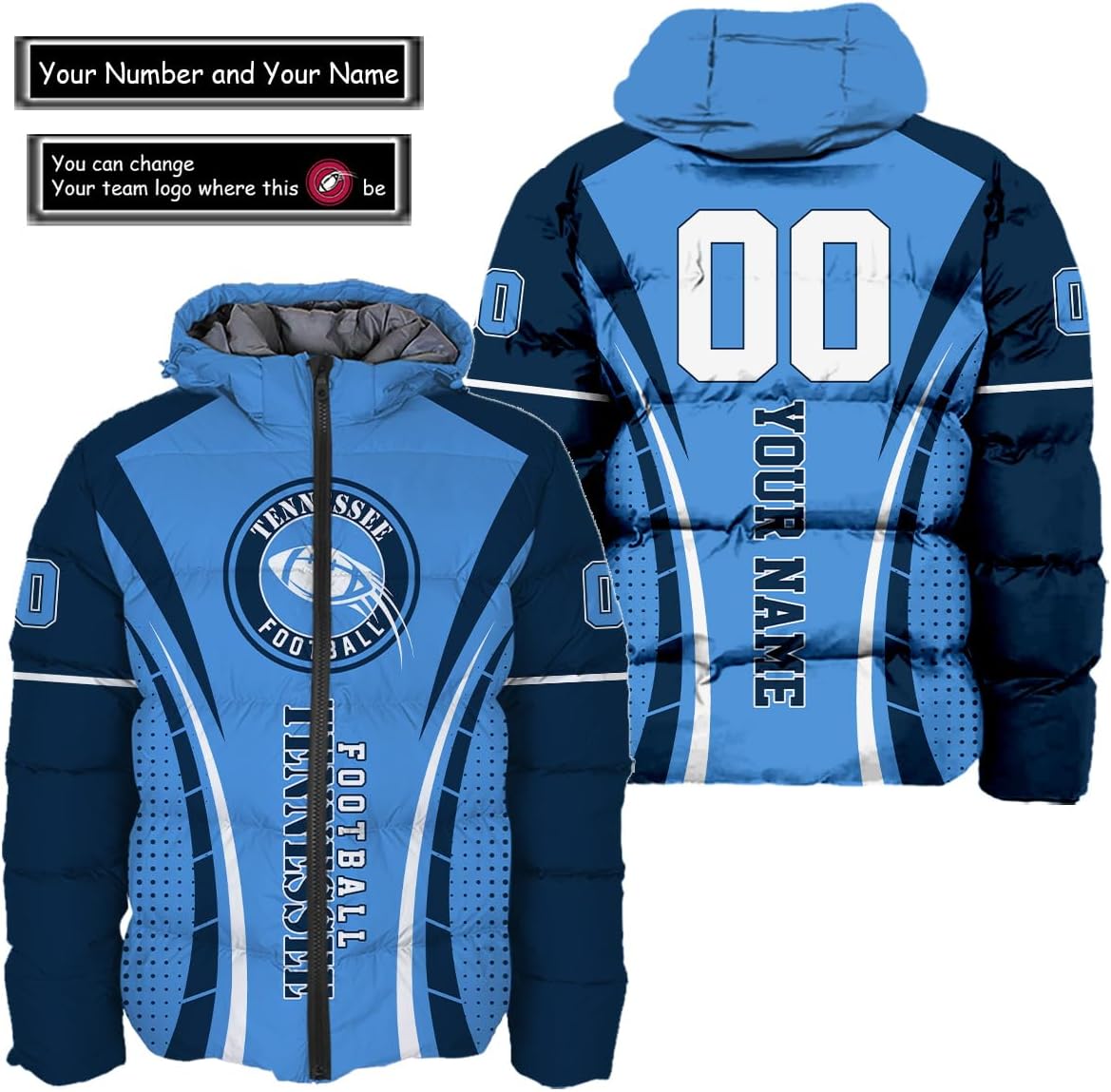 Discover Personalized Tennessee Football Team Titans Men's Hooded Puffer Jacket