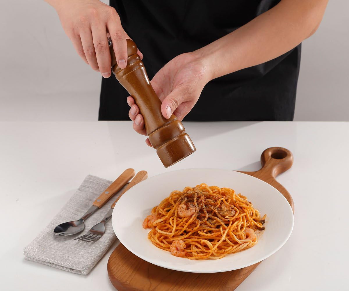 IEOVO 8" Wood Pepper Mill, Solid Wood and Adjustable Ceramic Grinder, Brown…