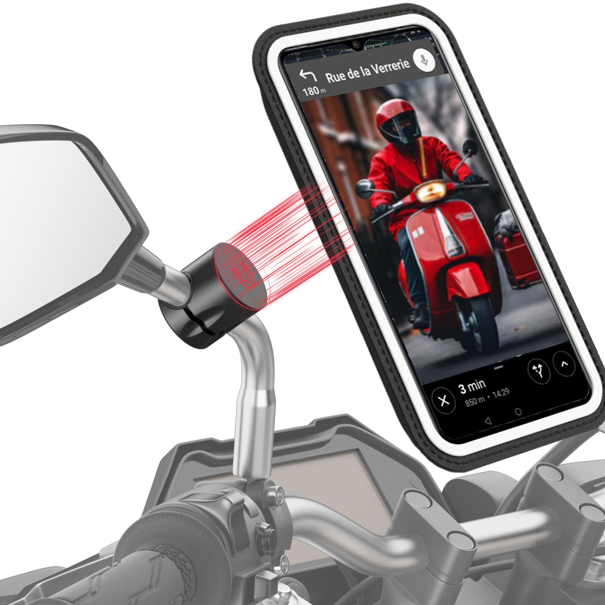 SHAPEHEART Innovazione francese,Porta cellulare scooter moto PRO con tasca magnetica,Rotazione di 360°Anti Vibrazione,Porta telefono scooter per specchietto retrovisore,Supporto cellulare Impermeabile