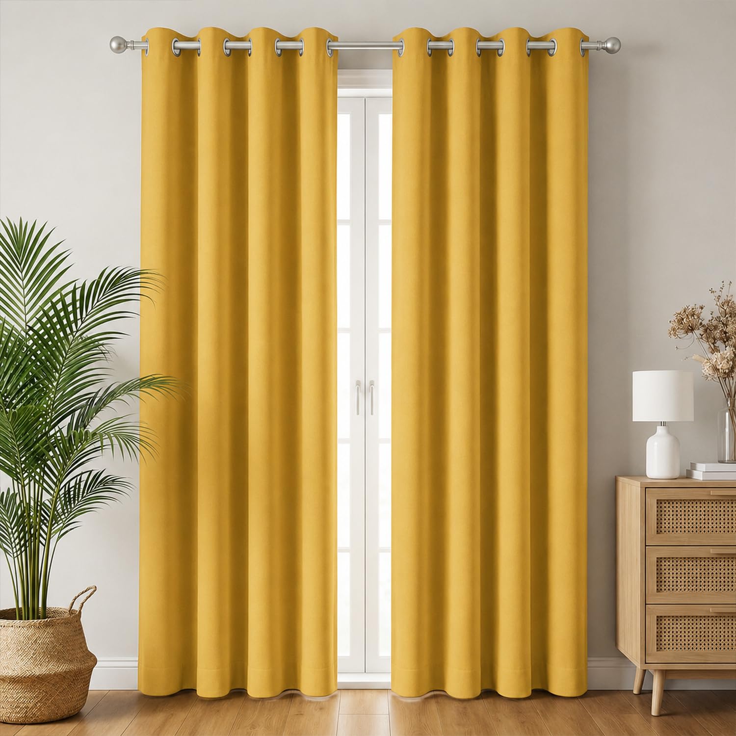 Blackout Door Curtains, 100% Room Darkening | 7 Feet |Set of 1| Faux Silk Drapes|Thermal Insulated & Noise Reducing for Living Room and Bedroom|115cmx210cm,Color-Yellow-image-37