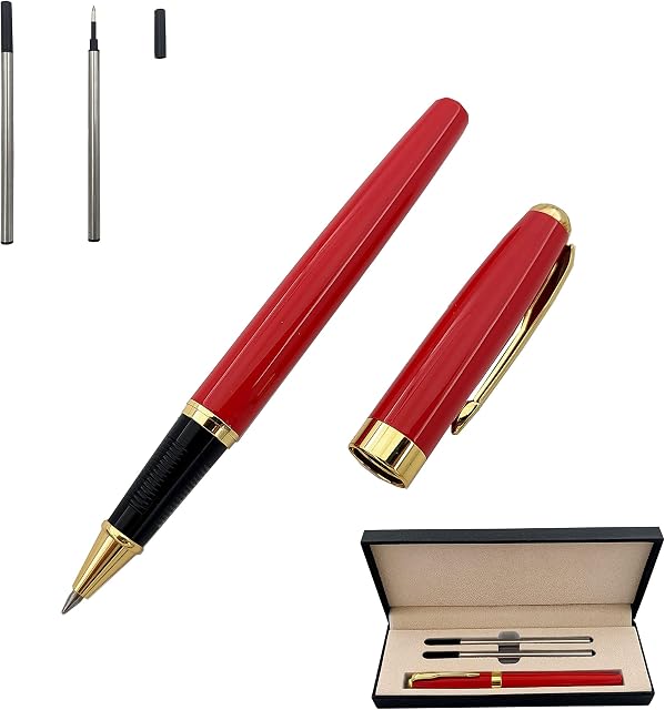 Accod Classic Metal Ballpoint Pen Business Ballpoint Pen Office Signature Pen Gel Pen with 2 Replacement Refills Gift Medium Nib Black Rollerball Pen for Men and Women (Red)