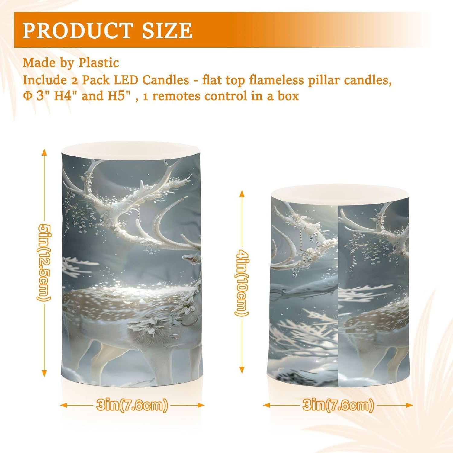 ALAZA White Reindeer Flameless Candles, LED Pillar Candles with Remote Timer, Battery Operated Candles Set of 2