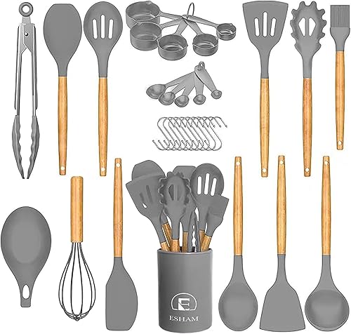 Juego de utensilios de cocina de silicona de 33 piezas con asas de madera y un soporte para utensilios. Incluye espátulas, pinzas, batidores, tazas