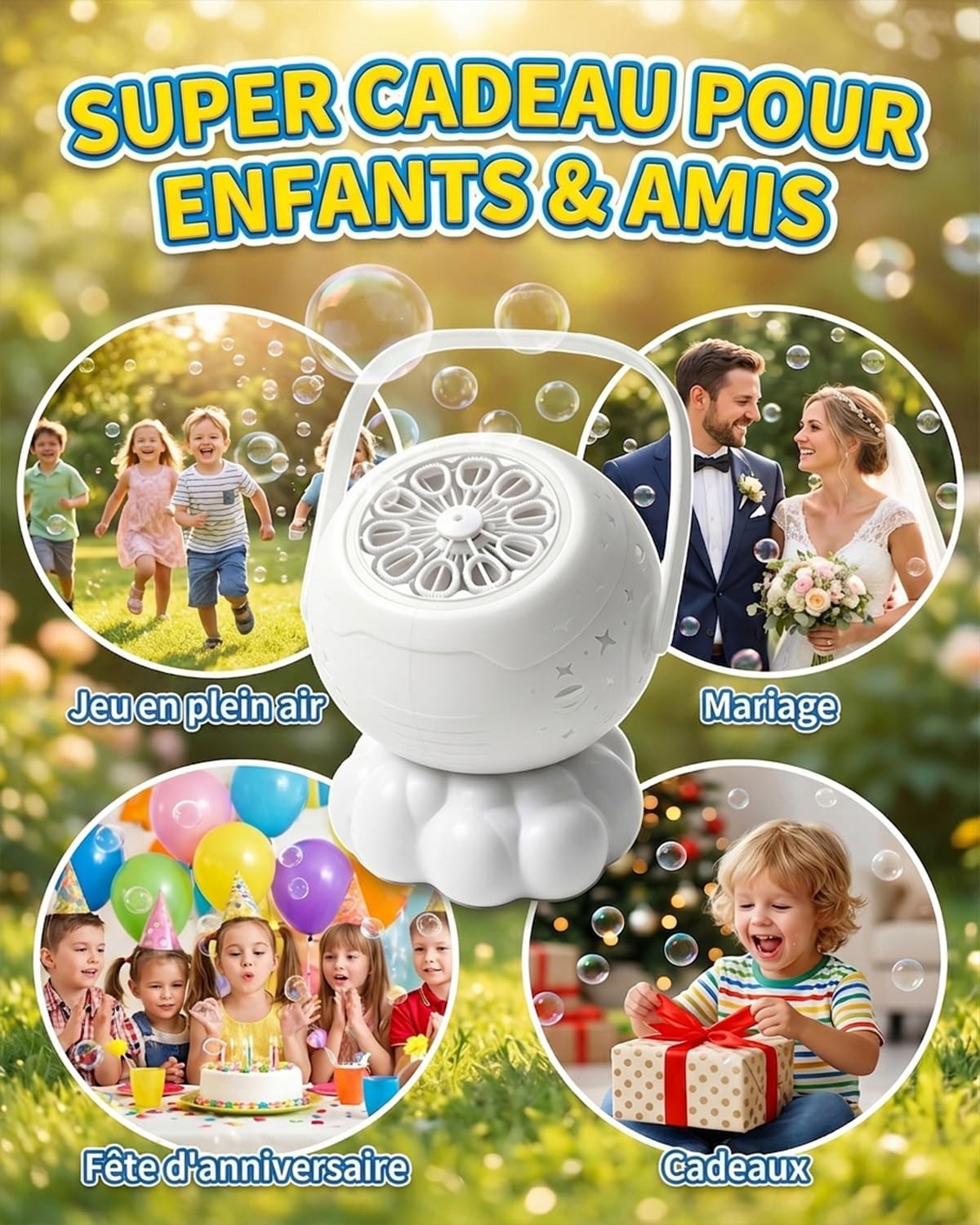 Machine Bulles pour Enfant Design Nuage Étoilé avec LED, Pistolet à Bulles Automatique, Machine à Bulles Rechargeable avec Poignée de Transport Intégrée, Pistolet à Bulles pour Enfant,Bubble Go Cadeau