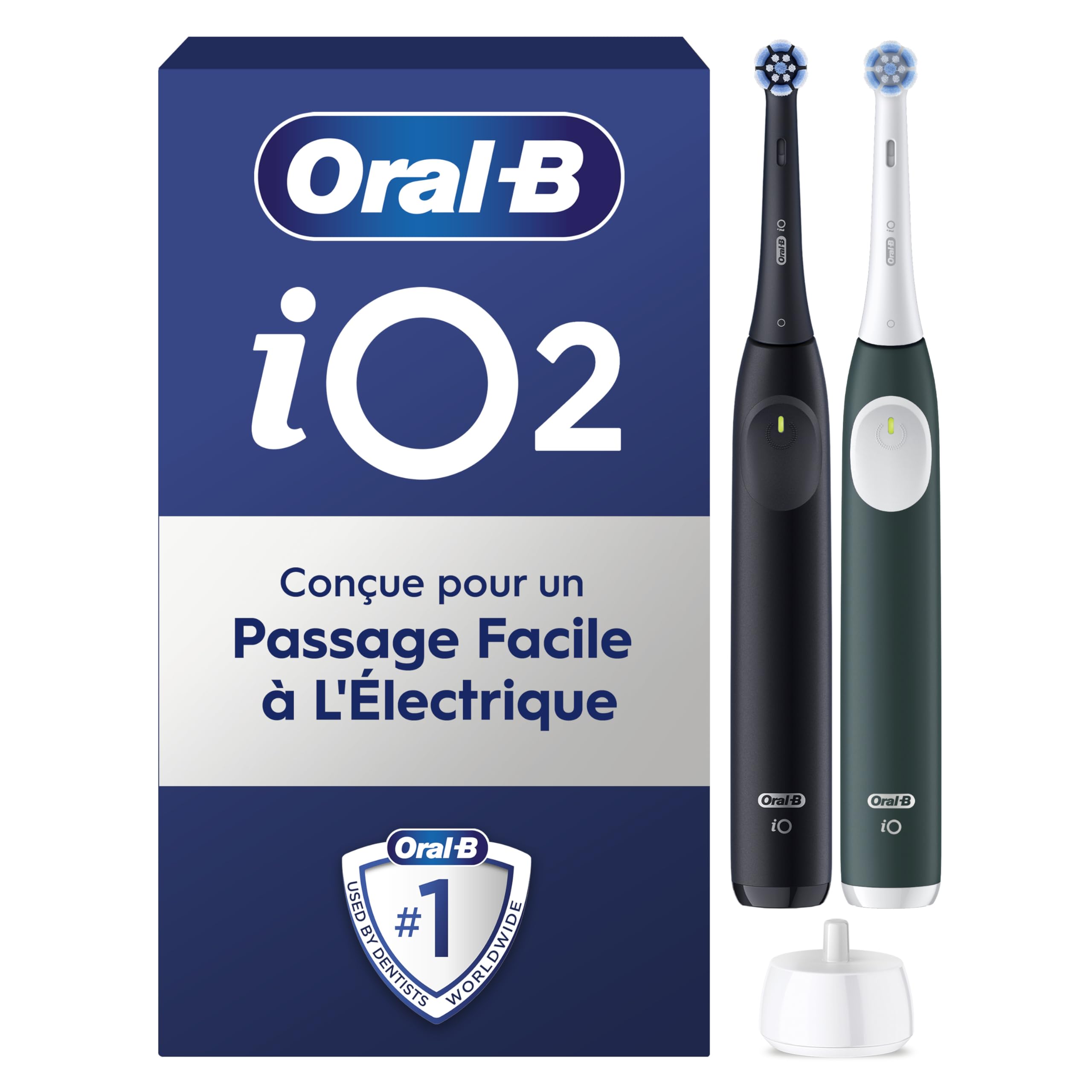 Oral-B iO 2 Duo Brosses A Dents Electriques Pour Adultes, Noire et Vert Forêt, 3 Modes De Nettoyage, Doux Pour Les Gencives, Brossage Souple, 2 Brossettes Oral B De Rechange, Chargeur Blanc