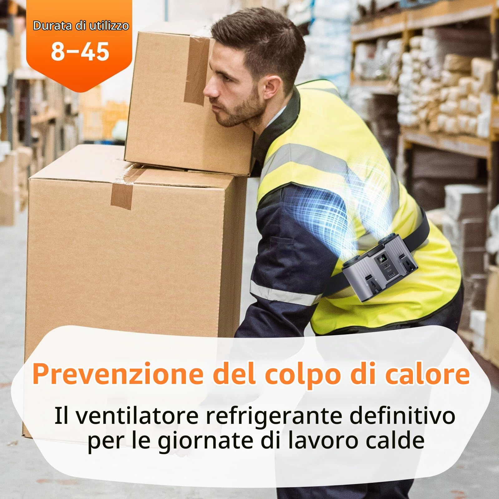 Ventilatore da cintura portatile da 24000 mAh, con clip, ricaricabile, doppio motore con doppio canale d'aria, 10 velocità, 45 ore di autonomia, per cantiere, lavoro all'aperto, viaggi, interruzione
