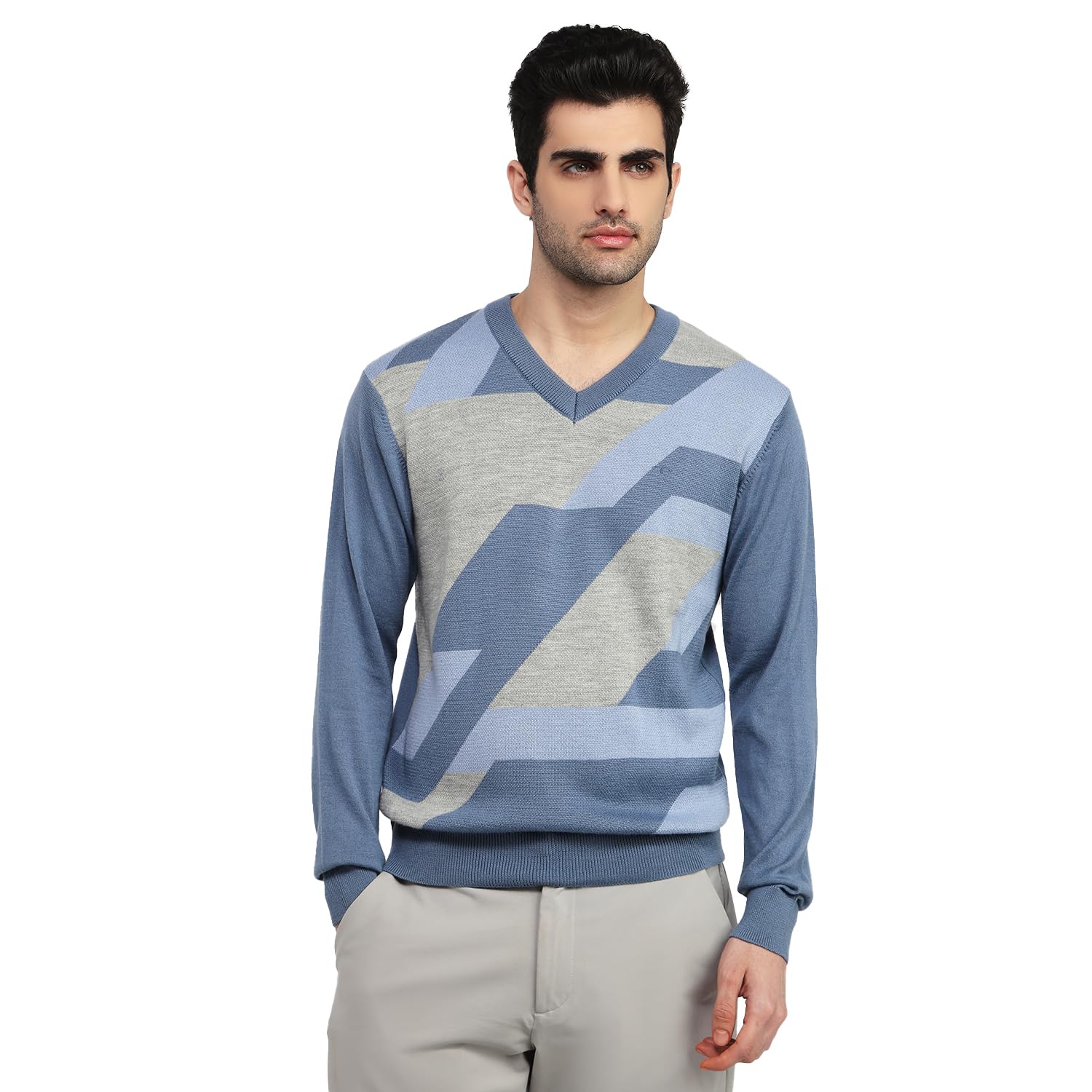 colorplus Men Regular Fit Jacquard Pattern Acrylic Merino Wool Blend Full Sleeve V Neck Casual Sweater-picture-28