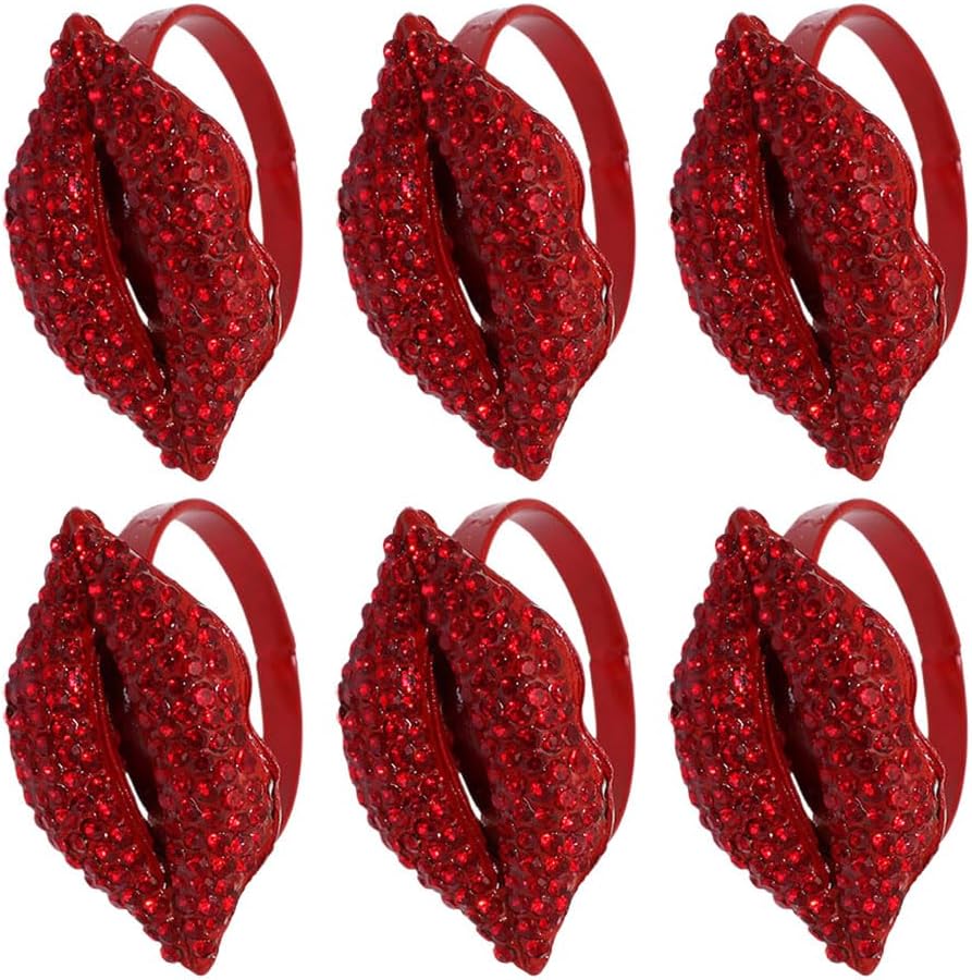 LUOZZY 12 Pcs Red Lip Napkin Rings Rhinestone Bling Alloy Table Decor Valentine Wedding Special Occasions