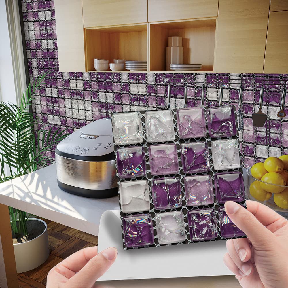 Hiseng 30pcs Wall Tile Stickers, Hiser Retro Mosaic Style Square Waterproof Marble Decals Sticker for Kitchen Living Room Bathroom Home Floor DIY Decor Self-Adhesive 10x10cm (Purple)