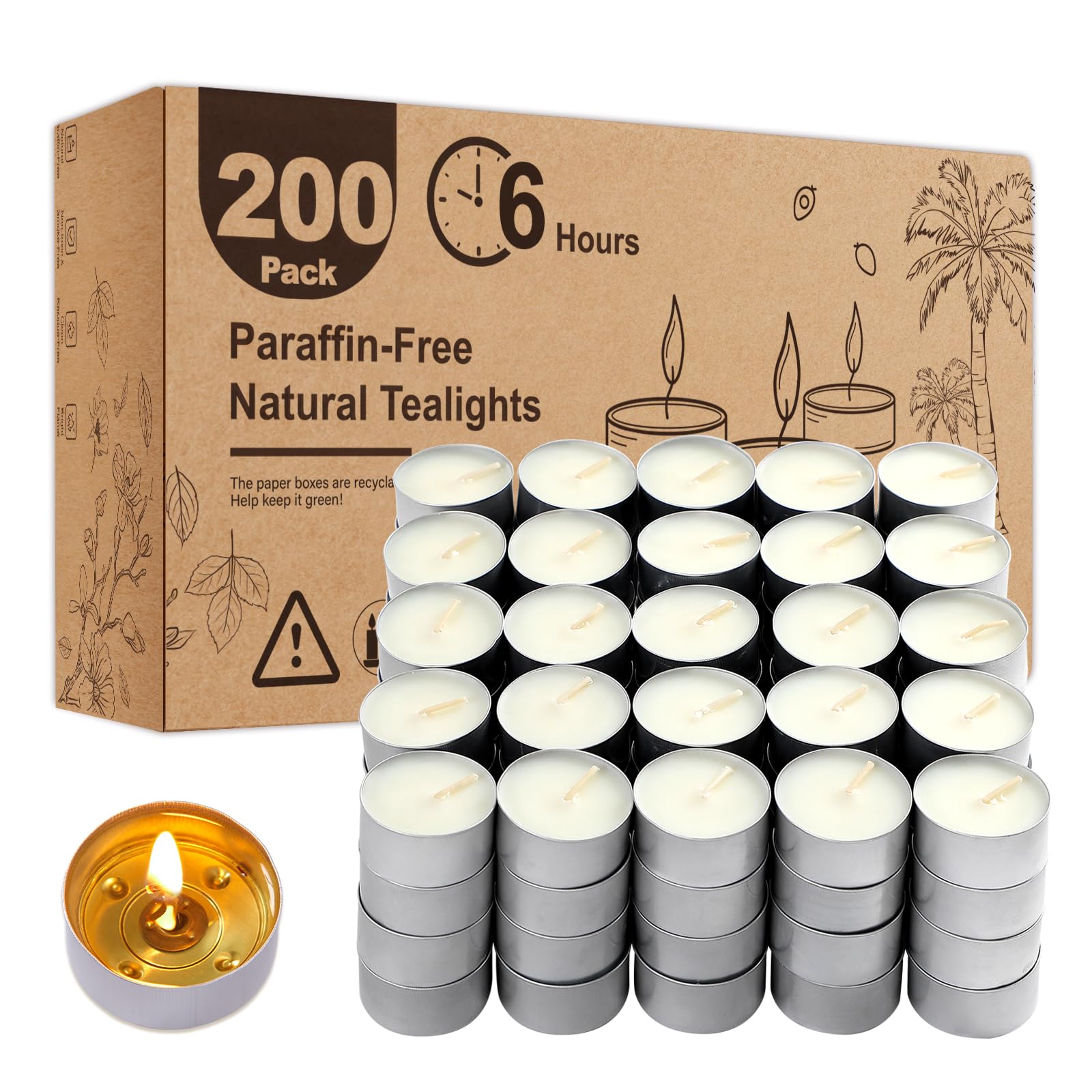 Hypmis Tea Lights Candles 200 Pack,Unscented White Votive Bulk,6 Hours Burning Time,Long Lasting Palm Wax (Non-Paraffin), Clean Burn with Smokeless Tealights for Christmas,Thanksgiving,Homemory