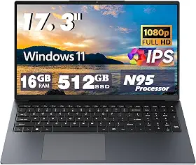 Laptop de 17 polegadas, processador de 12ª geração N95 4C 4T (até 3,4 GHz), 16 GB DDR4 RAM 512 GB SSD, bateria grande 1920 x 1080, 10000 mAh, tipo C (data), WiFi5, BT, RJ45, alto-falantes estéreo