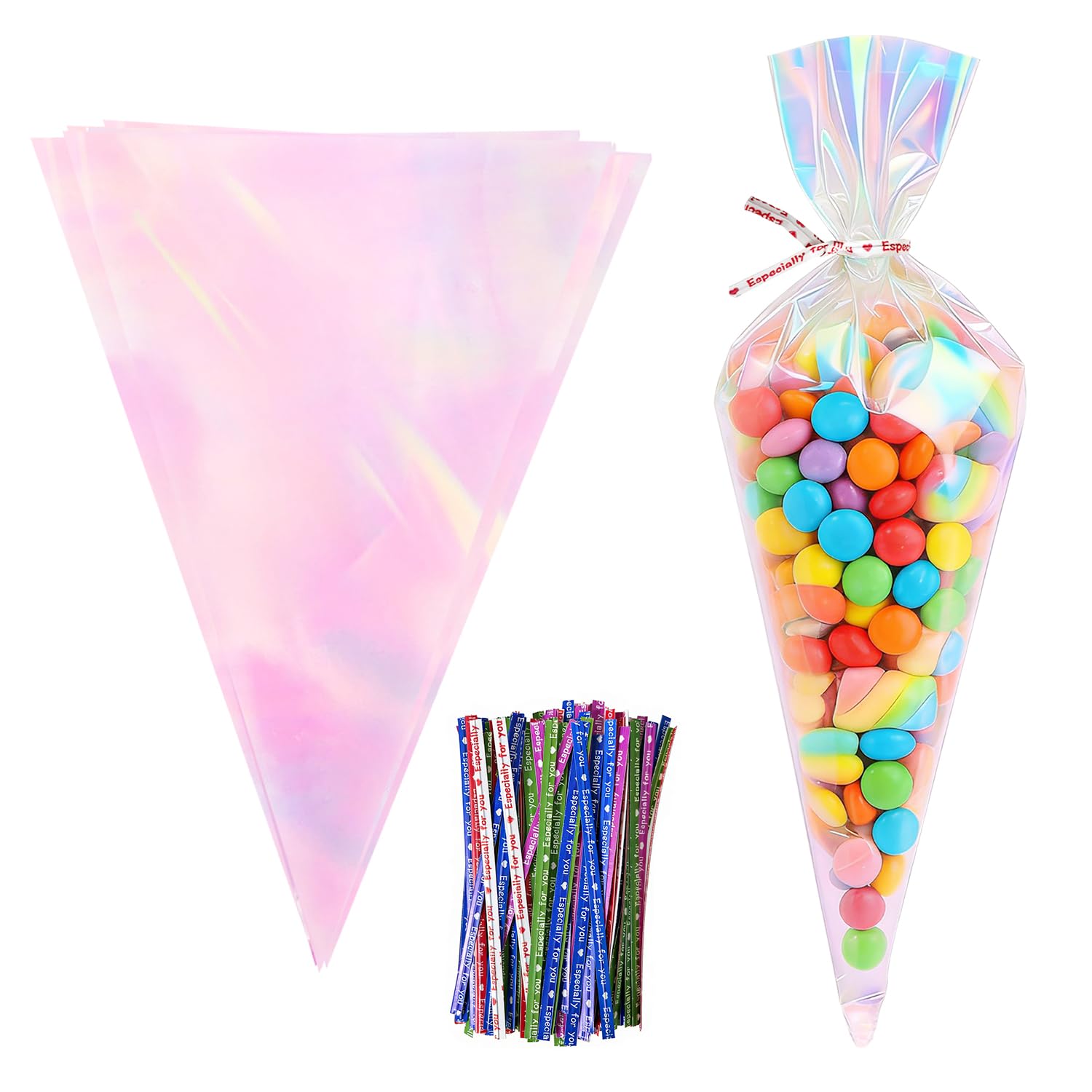 TACHIO100pcs Iridescent Holographic Sweet Cone Bags, 25x13cm Sweet Bags, Gift Bags Transparent Cellophane Bag, Clear Cellophane Bags and Colourful Twist Ties for Baking, Candy,Cookie and Baking